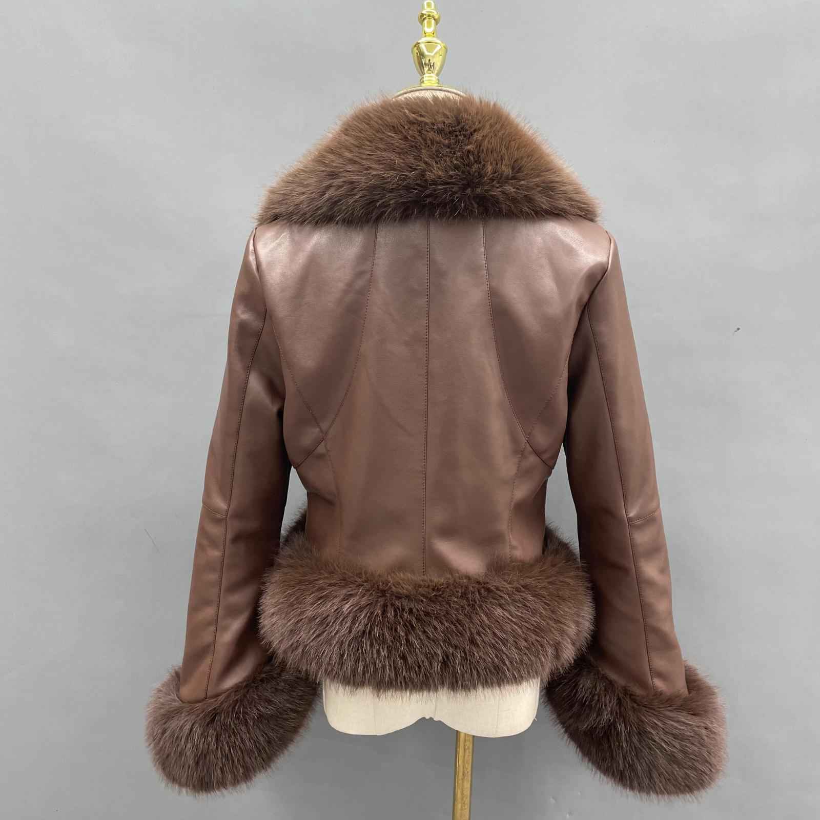 Eco-Friendly Leather-Like Faux Fur Trendy Suit Collar Buttoned Leather Coat - Janefur