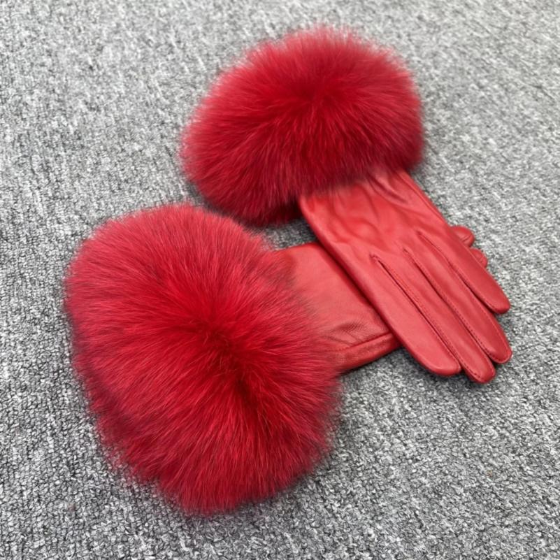 Fox Fur Leather Gloves Rose - Janefur