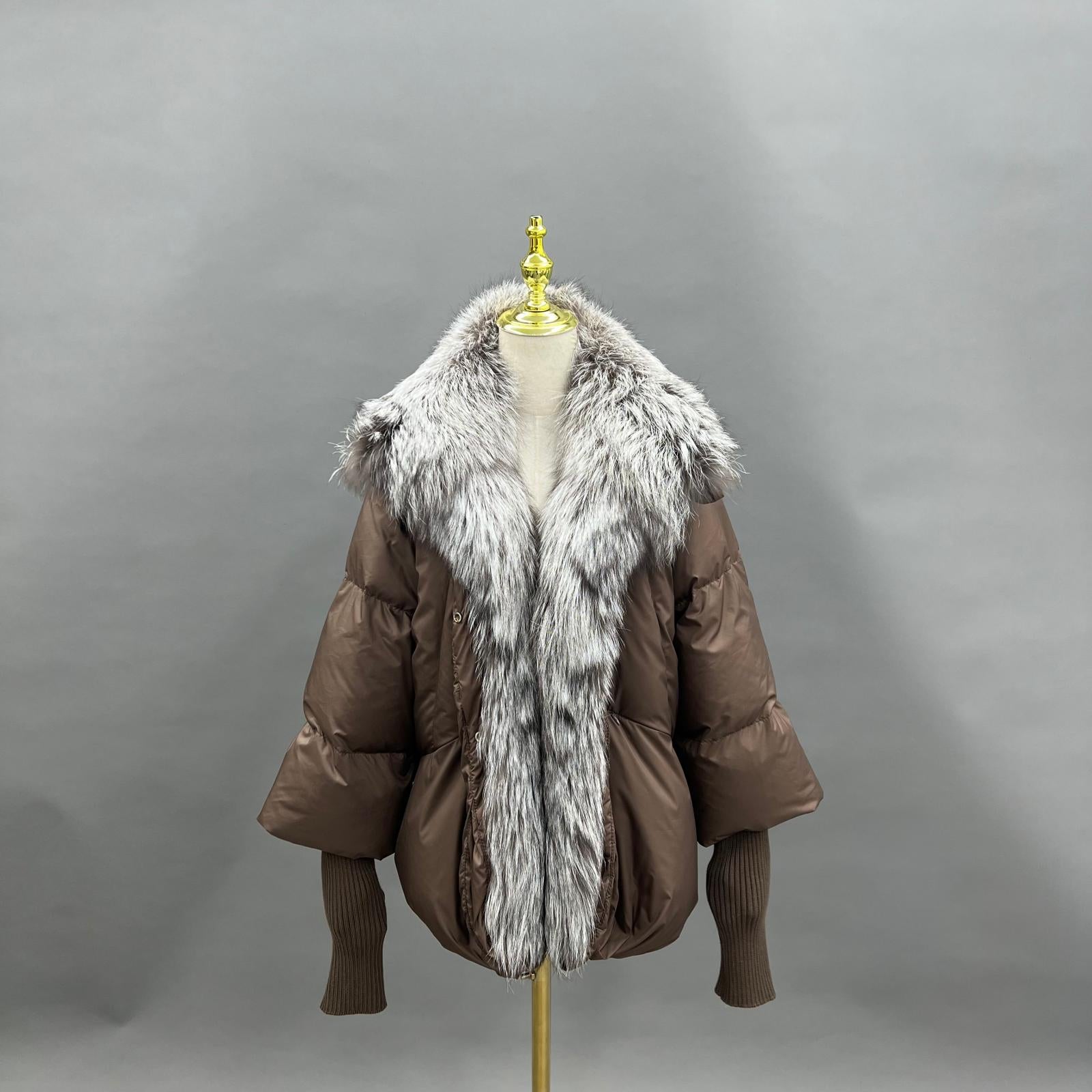 Goose Down Knitted Cuff Collar Large Lapel Women's Designer Down Jacket - Janefur