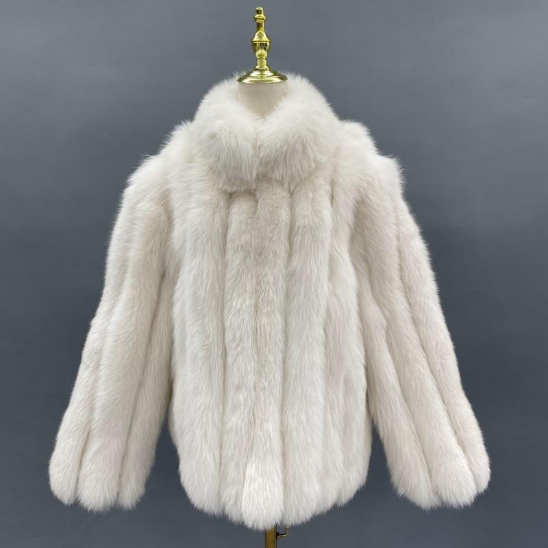 Men's Winter Coat With Stand-up Collar And Vertical Stripes Real Fox Fur - Janefur