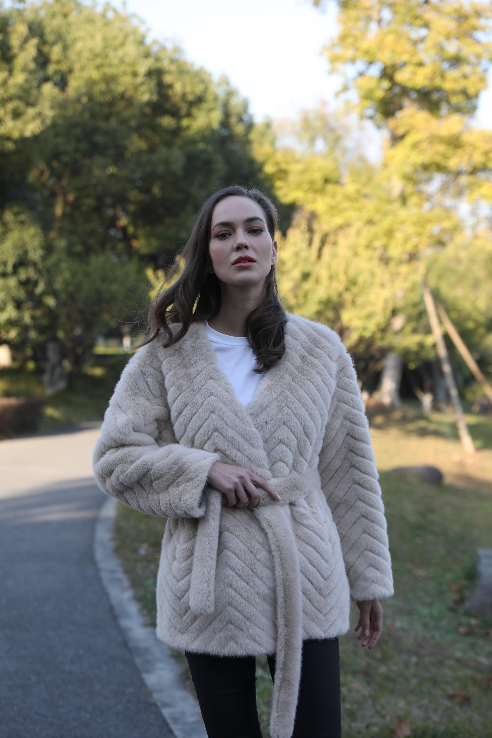 New Women's Winter Diagonal Stripe Waistband Faux Mink Warm Coat - Janefur
