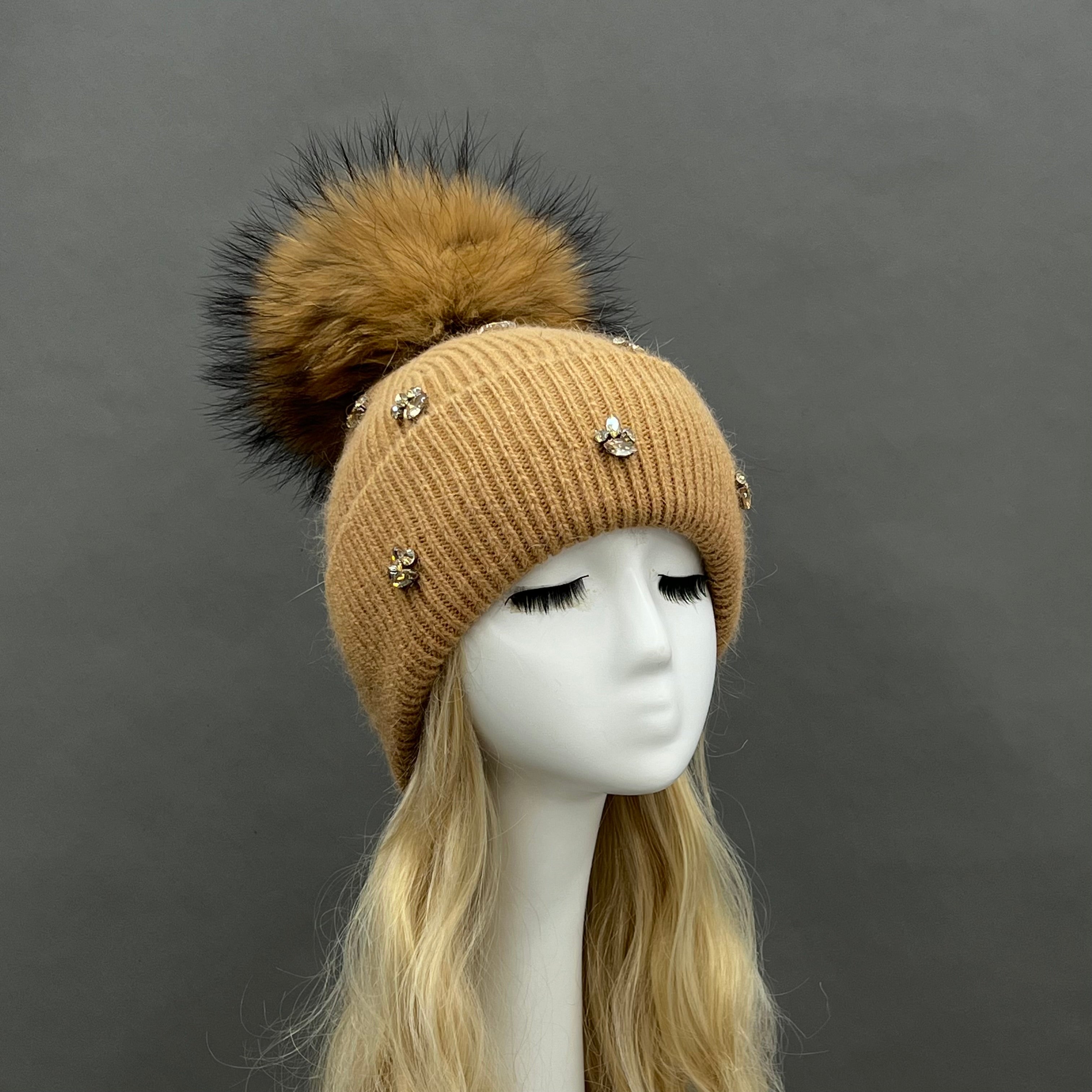 Ladies' Rabbit Fur Hat with Small Rhinestone Pompoms for Casual Wear - Janefur