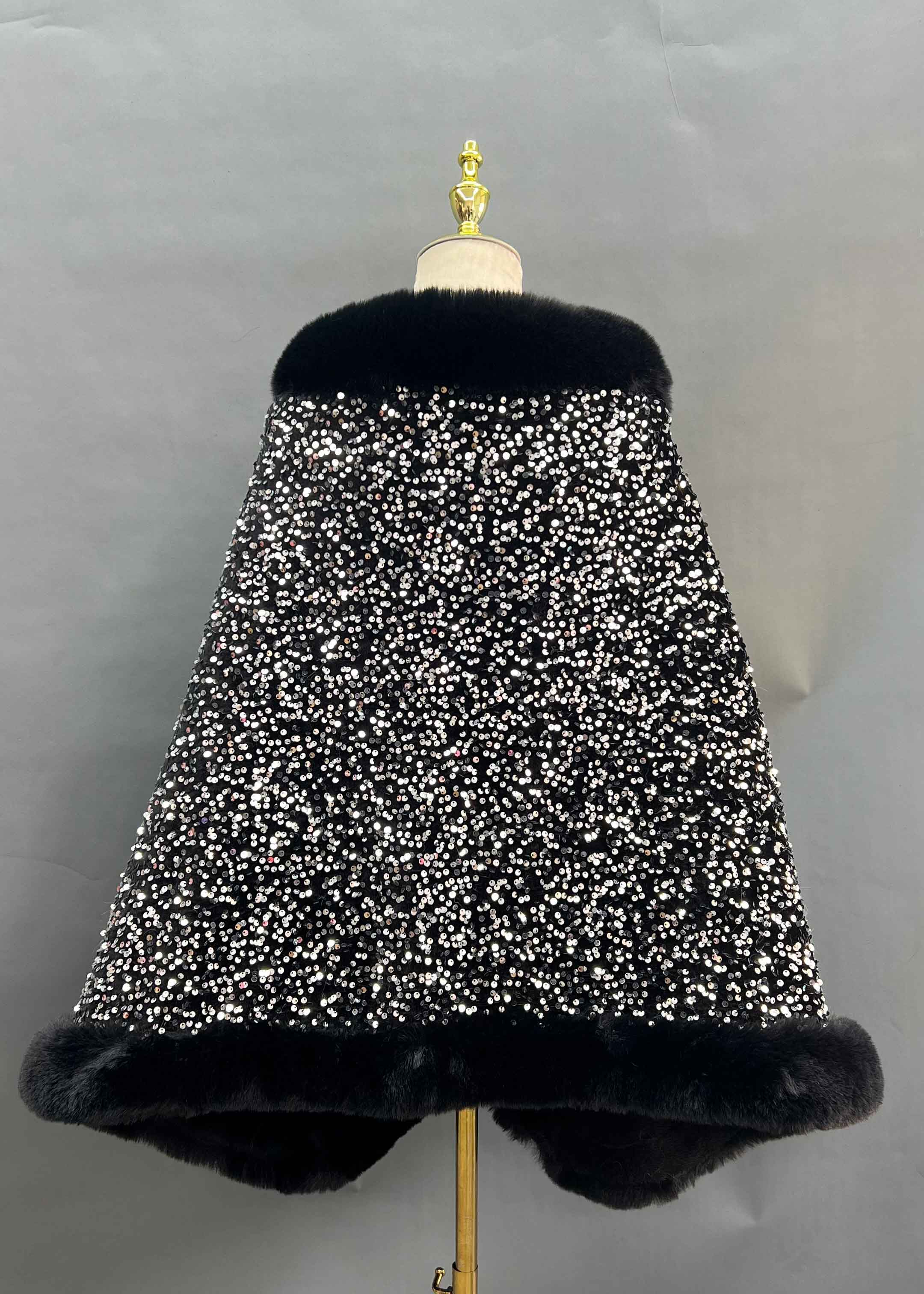 Janefur Fashionable Warm Faux Fur Sequined Cape Shawl - Janefur