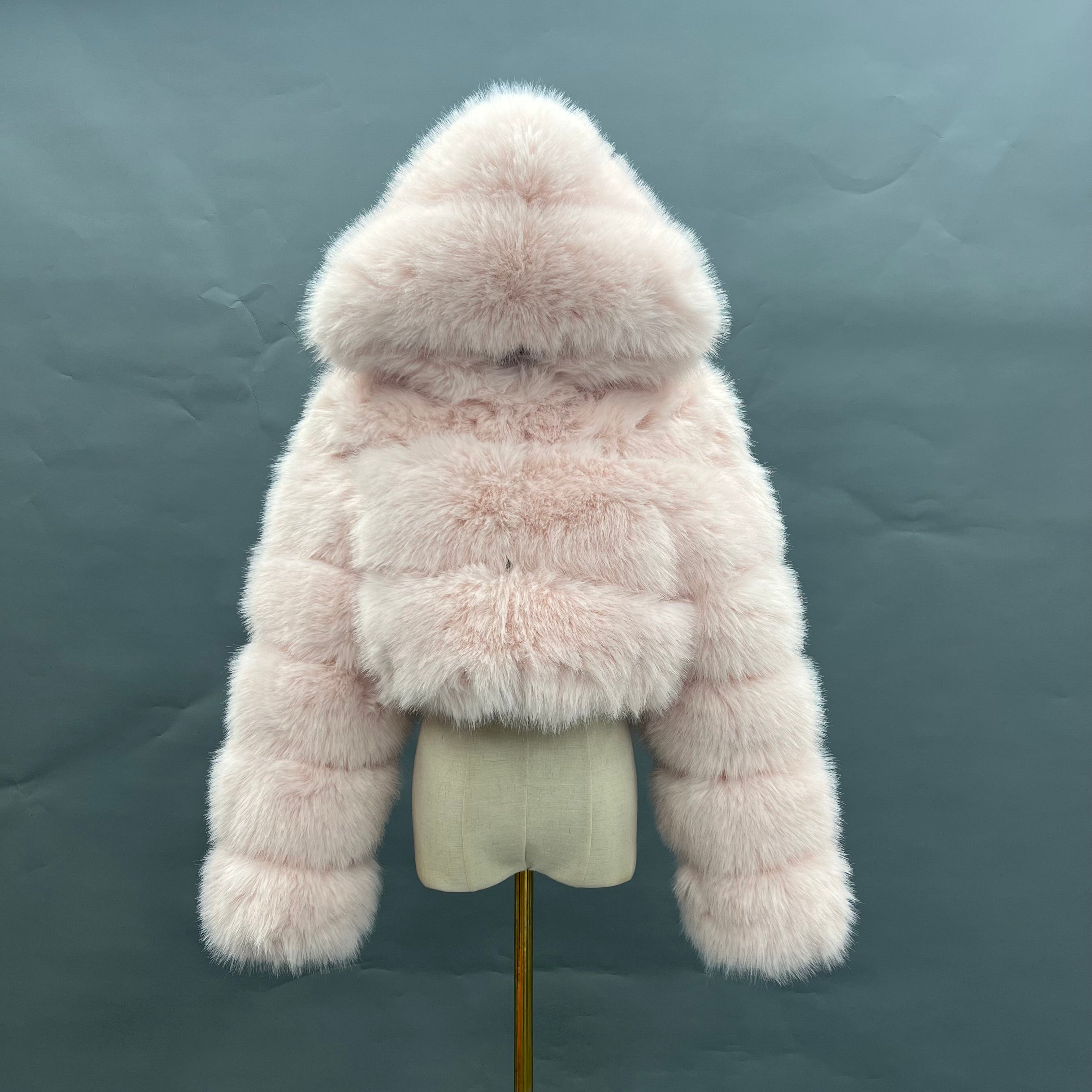Three - Panel Faux Fur Cropped Hooded Coat