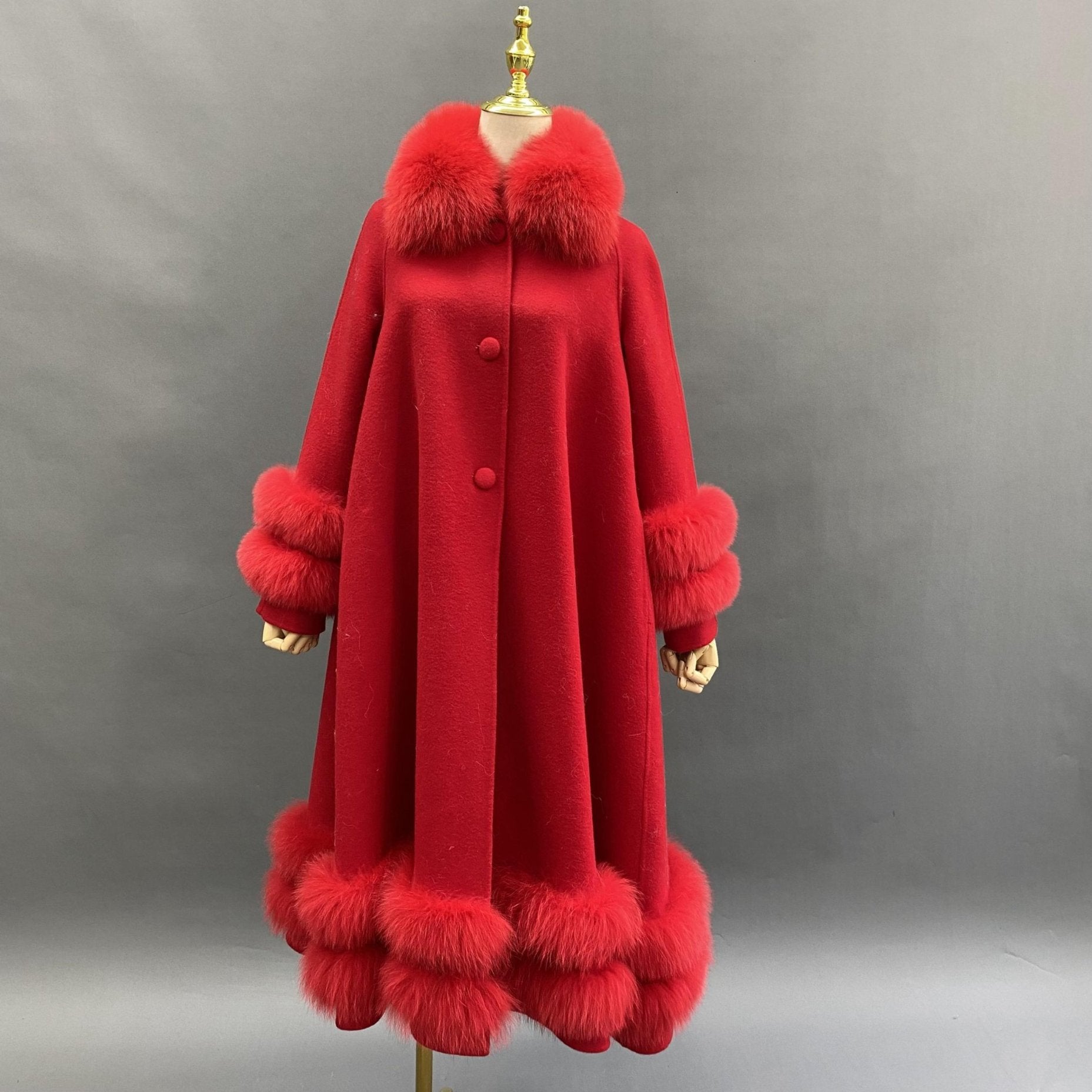 Women's Double Sided Cashmere Coat with Two Sections of Fur Collar at Hem and Cuffs - Janefur