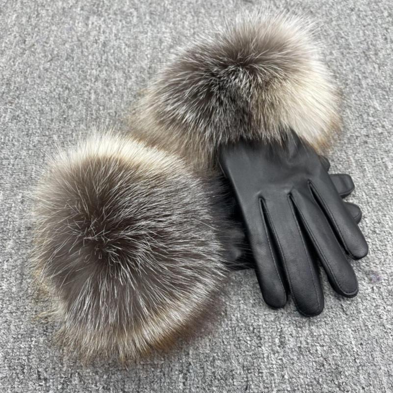 Fox Fur Leather Gloves Rose - Janefur
