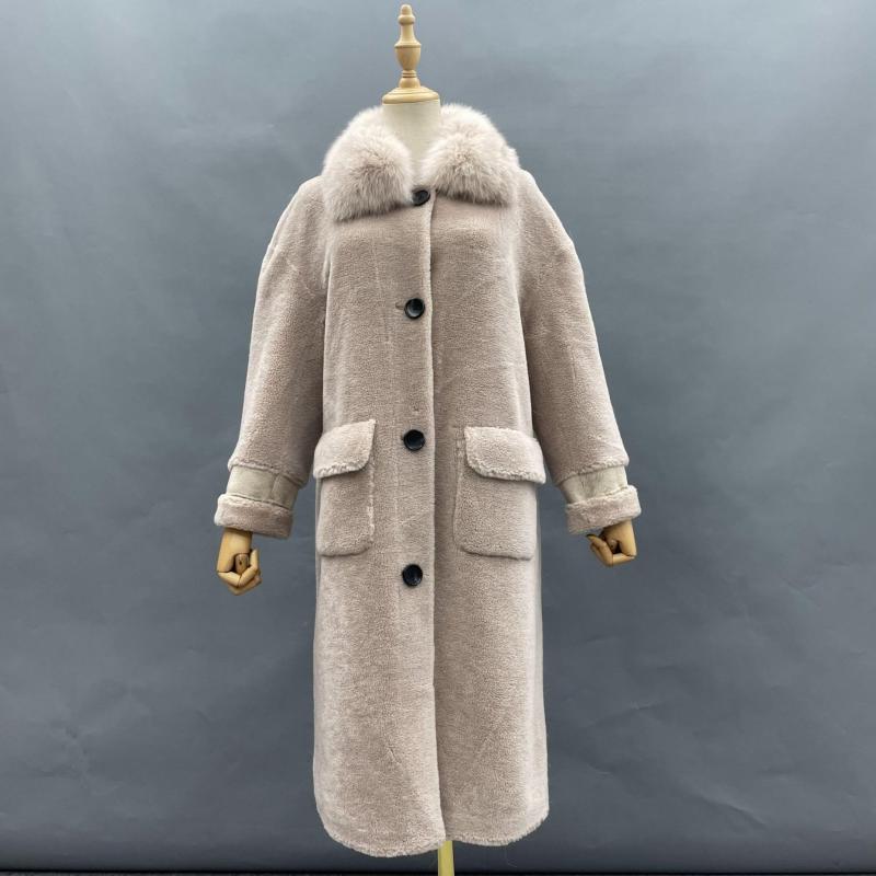 Shearling Coat With Fox Fur Lapels And Flap Pockets - Janefur