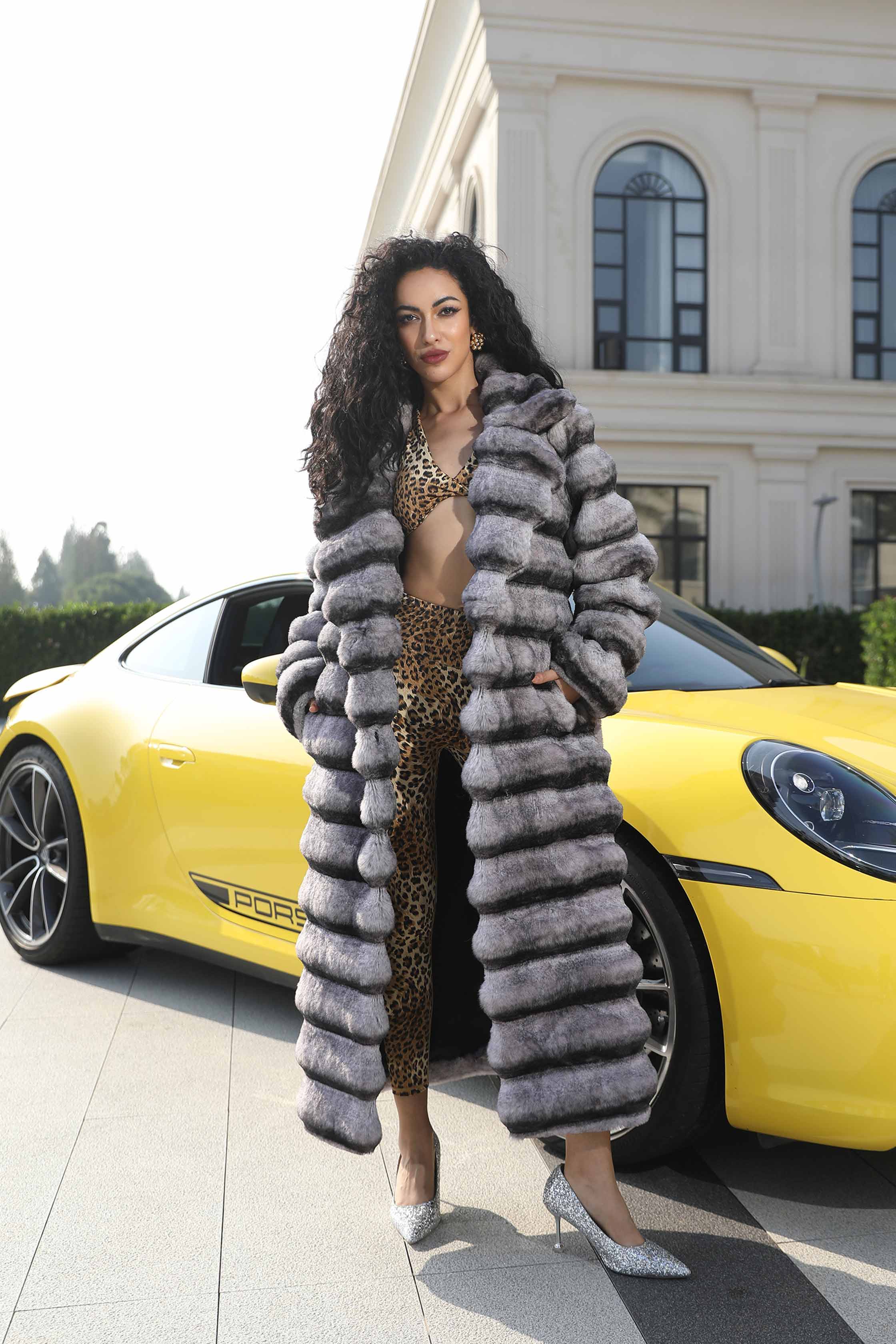 Eco Friendly Faux Fur Women's Casual Notched Collar Chinchilla Pattern Long Coat - Janefur