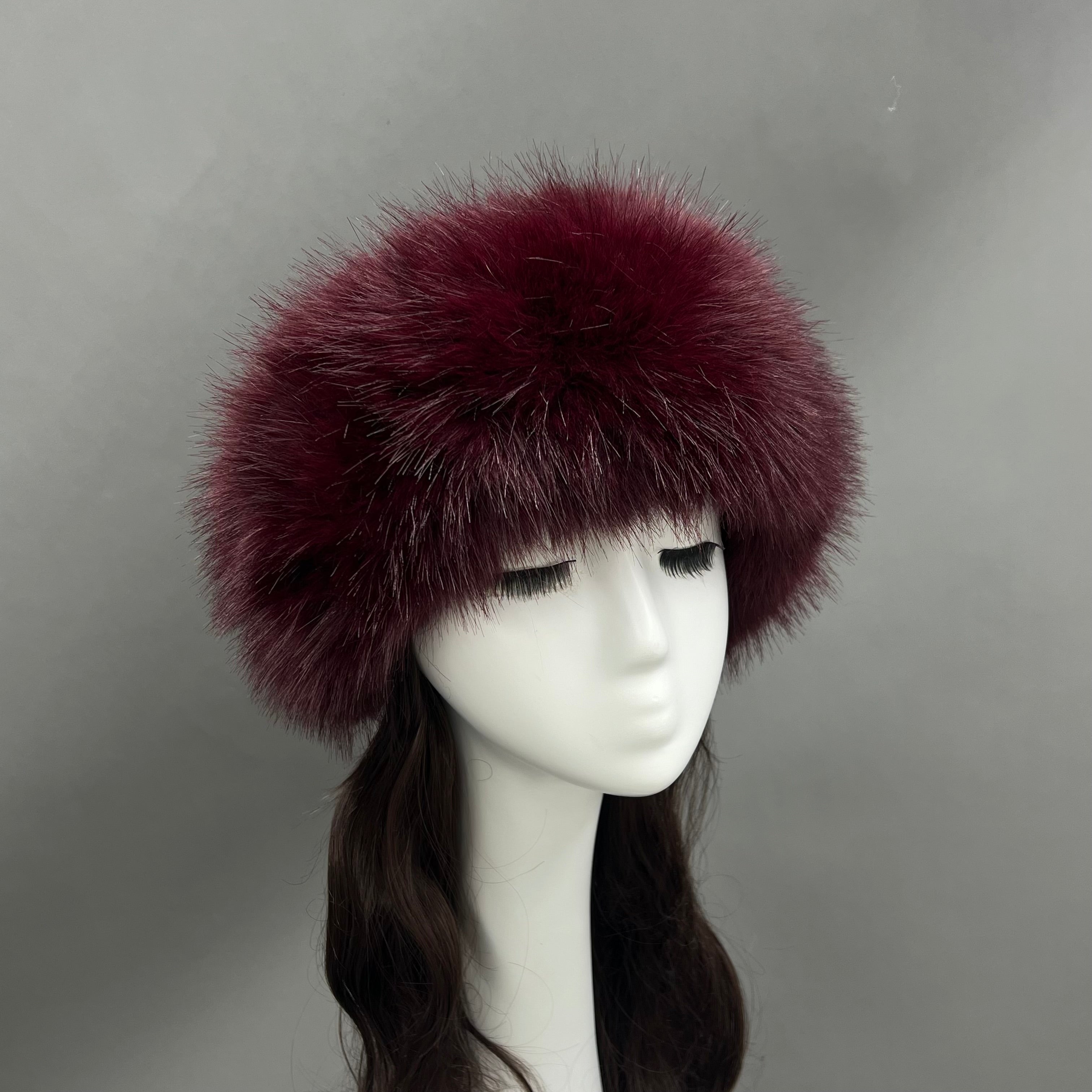 Luxury Burgundy Faux Fur Hat for Women – Warm Winter Headwear, Fashionable Pom Pom Style, Soft & Stylish False Hair Cap 17# F