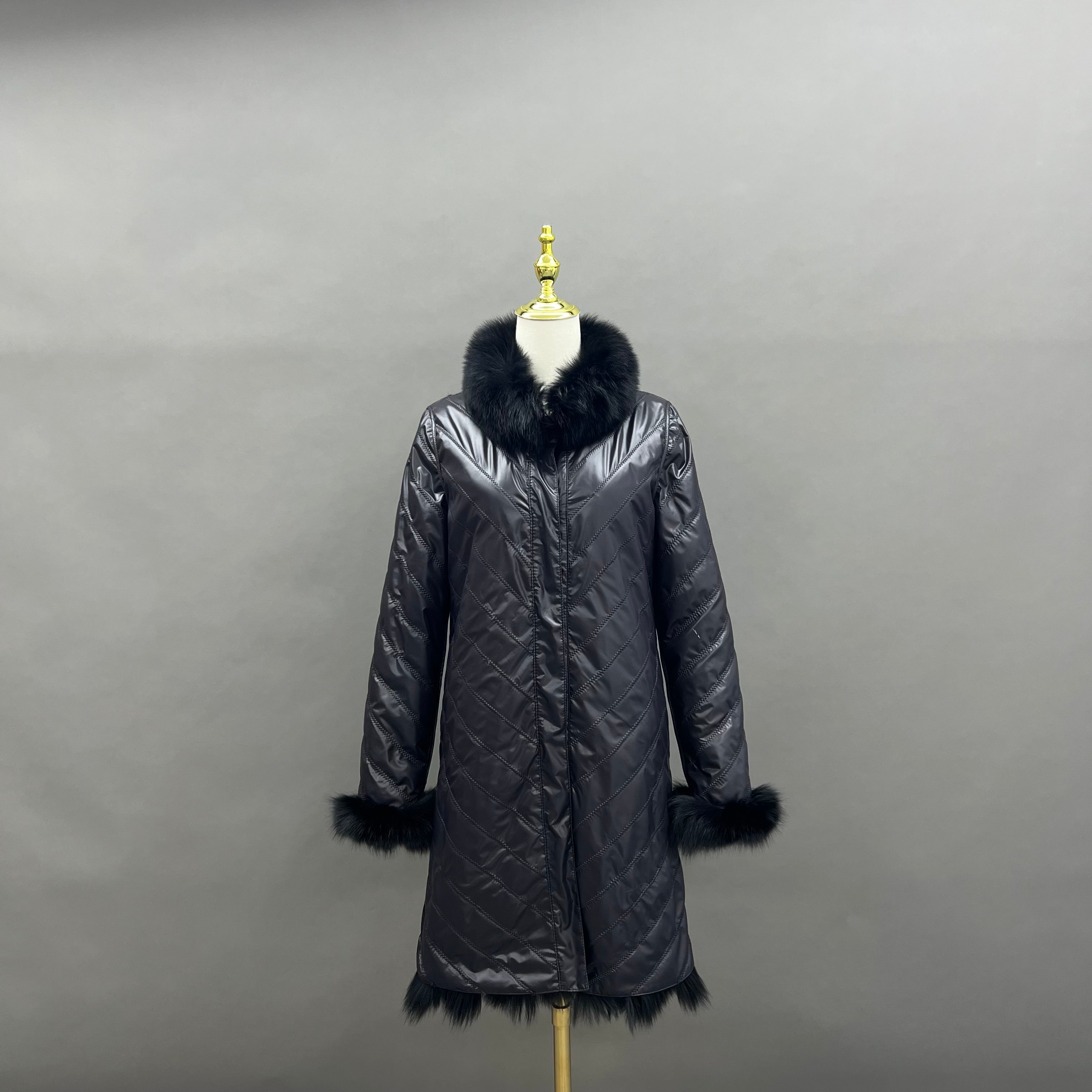 Reversible Long Jacket With Fox Fur And Diagonal Stripes