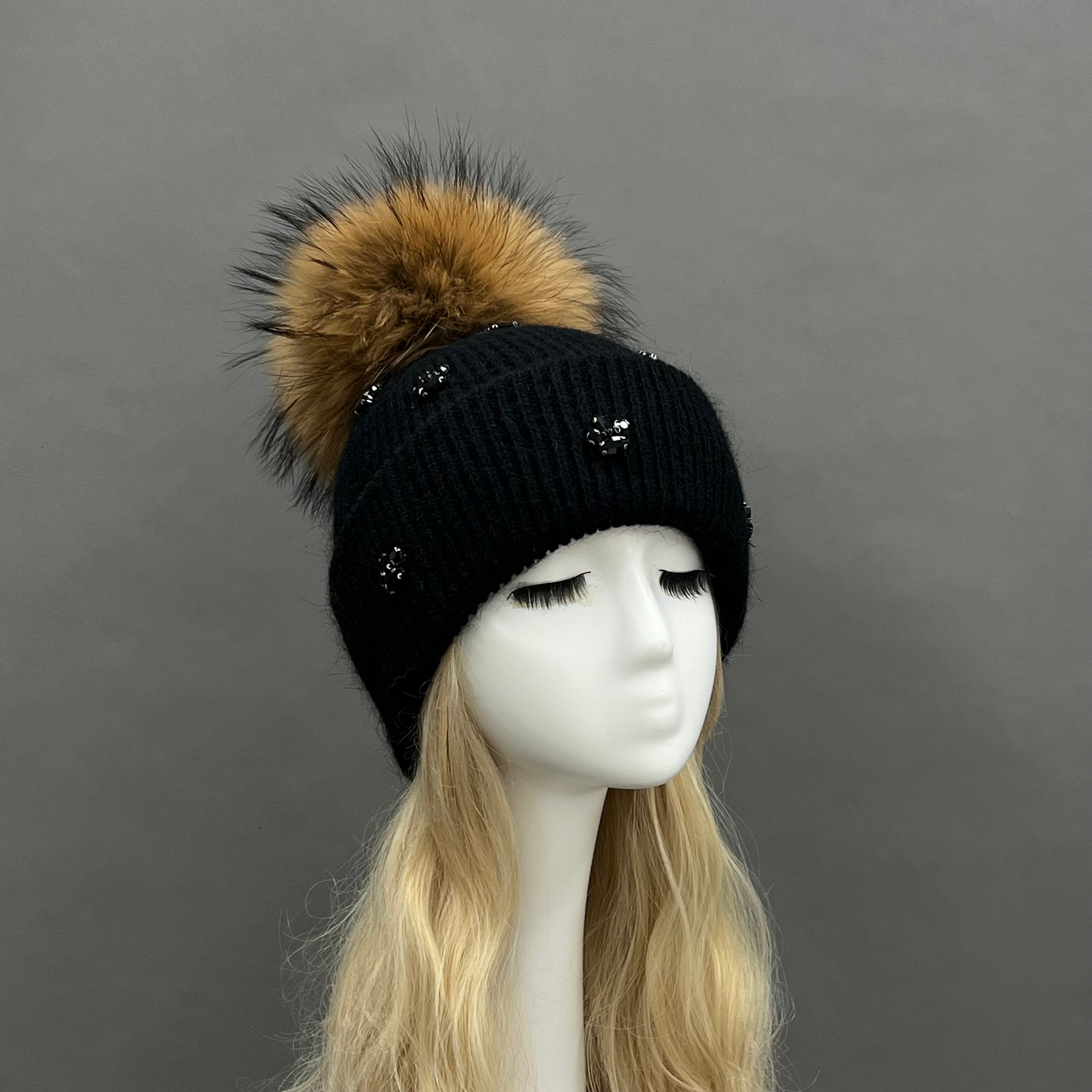 Ladies' Rabbit Fur Hat with Small Rhinestone Pompoms for Casual Wear - Janefur