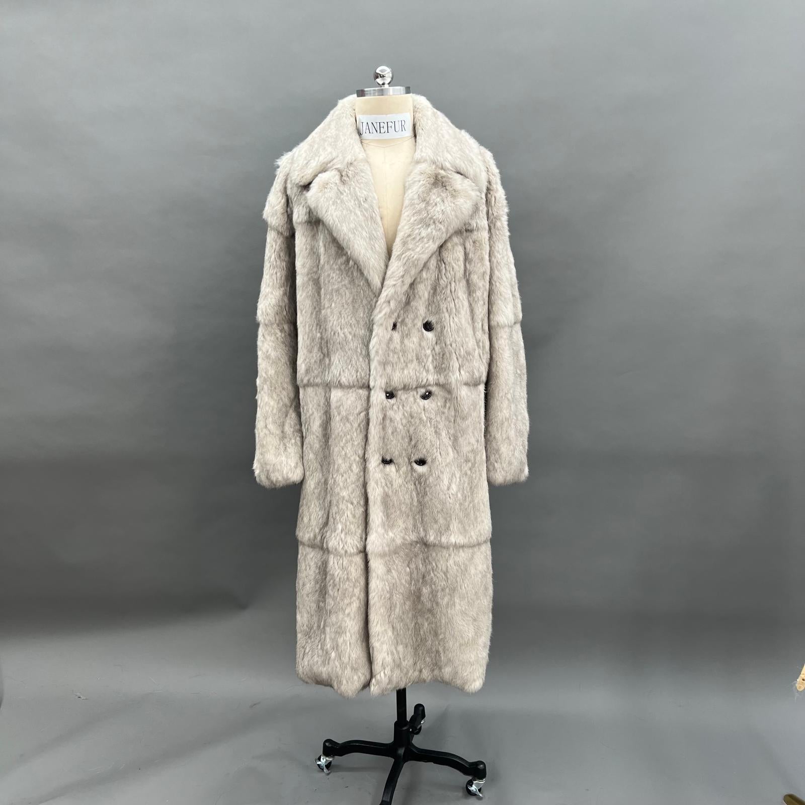 Women's Luxurious Long Rabbit Fur Coat with a Lapel - Janefur