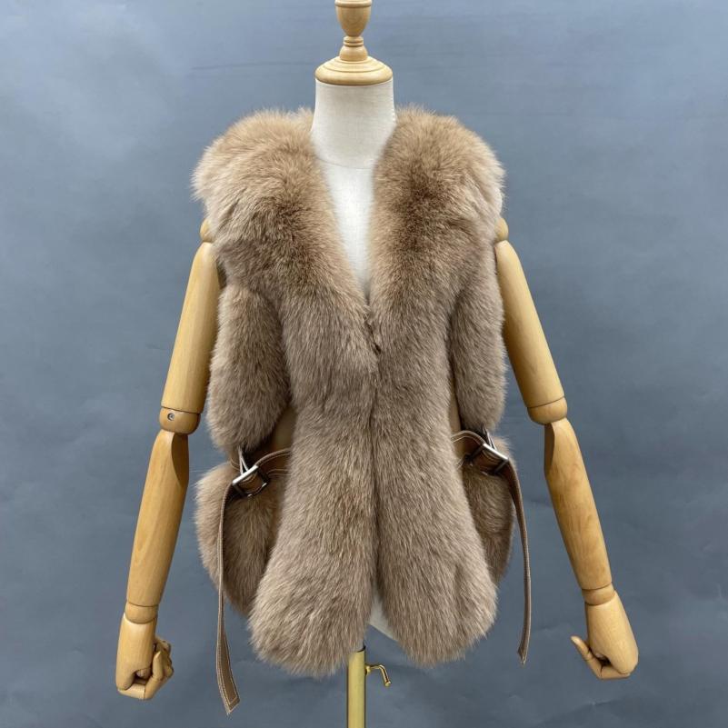 Ladies Fox Fur Vest Leather Buckle Tab - Janefur