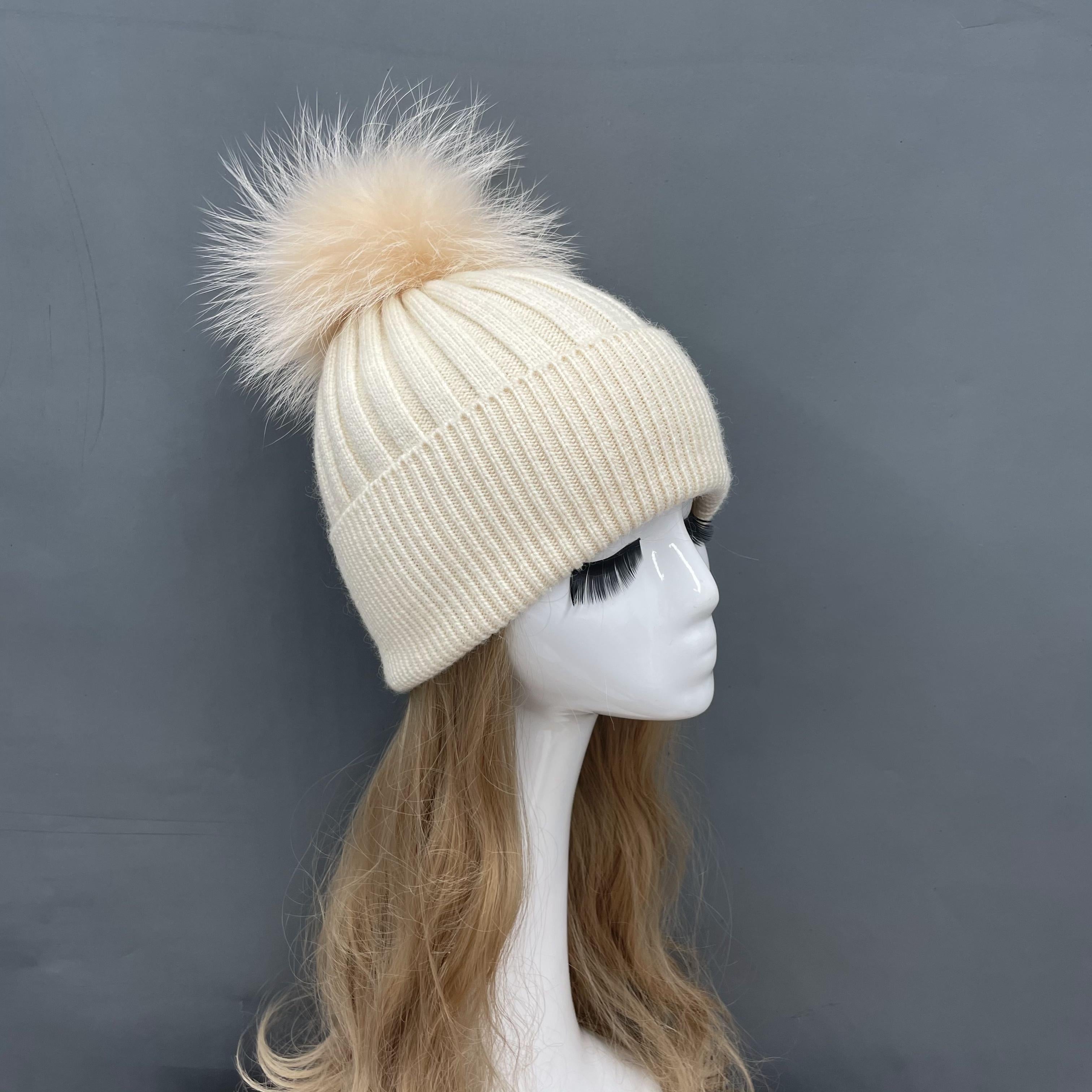 Winter Knitted Angora Beanie Hat With Removable Fur Pom Pom - Janefur