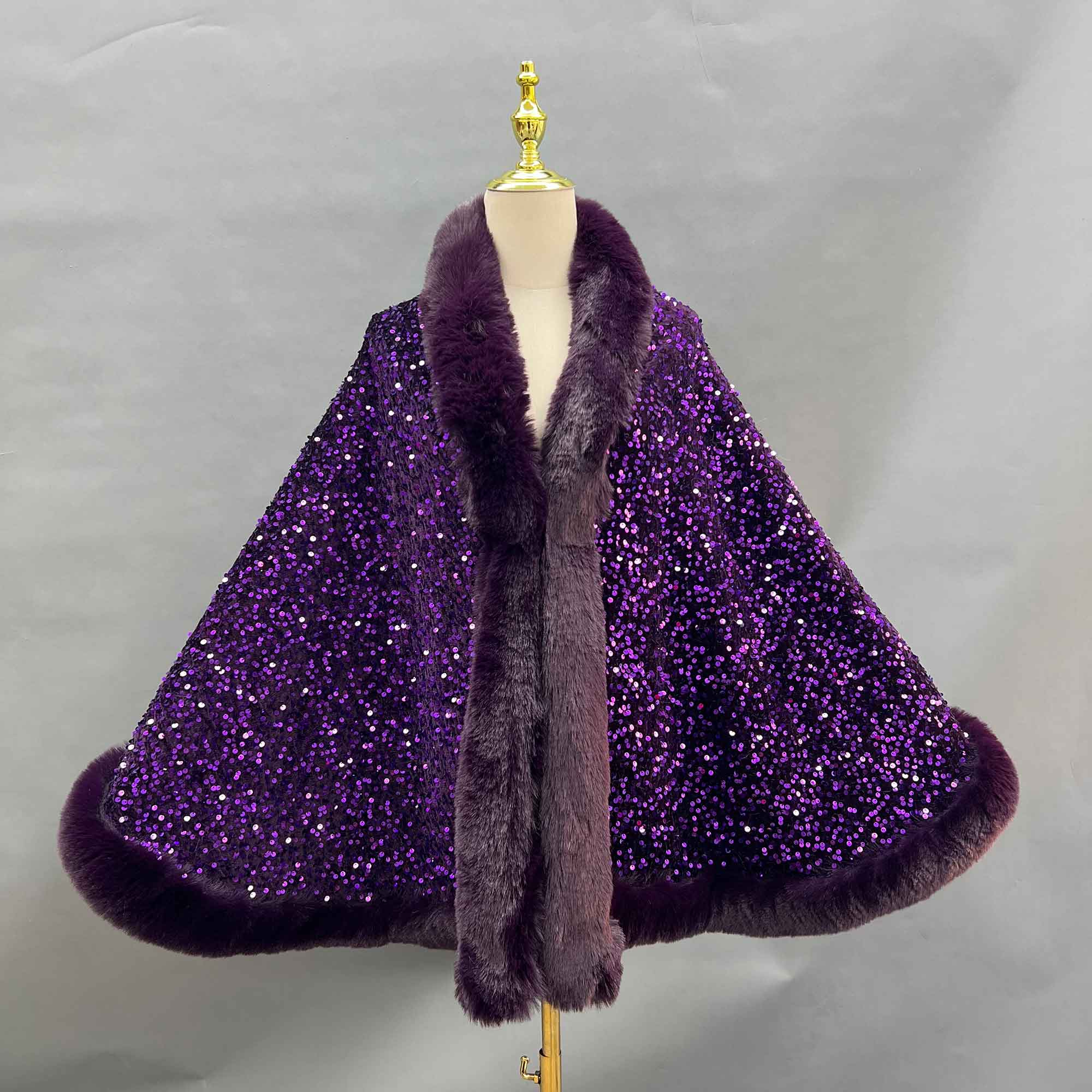 Janefur Fashionable Warm Faux Fur Sequined Cape Shawl - Janefur