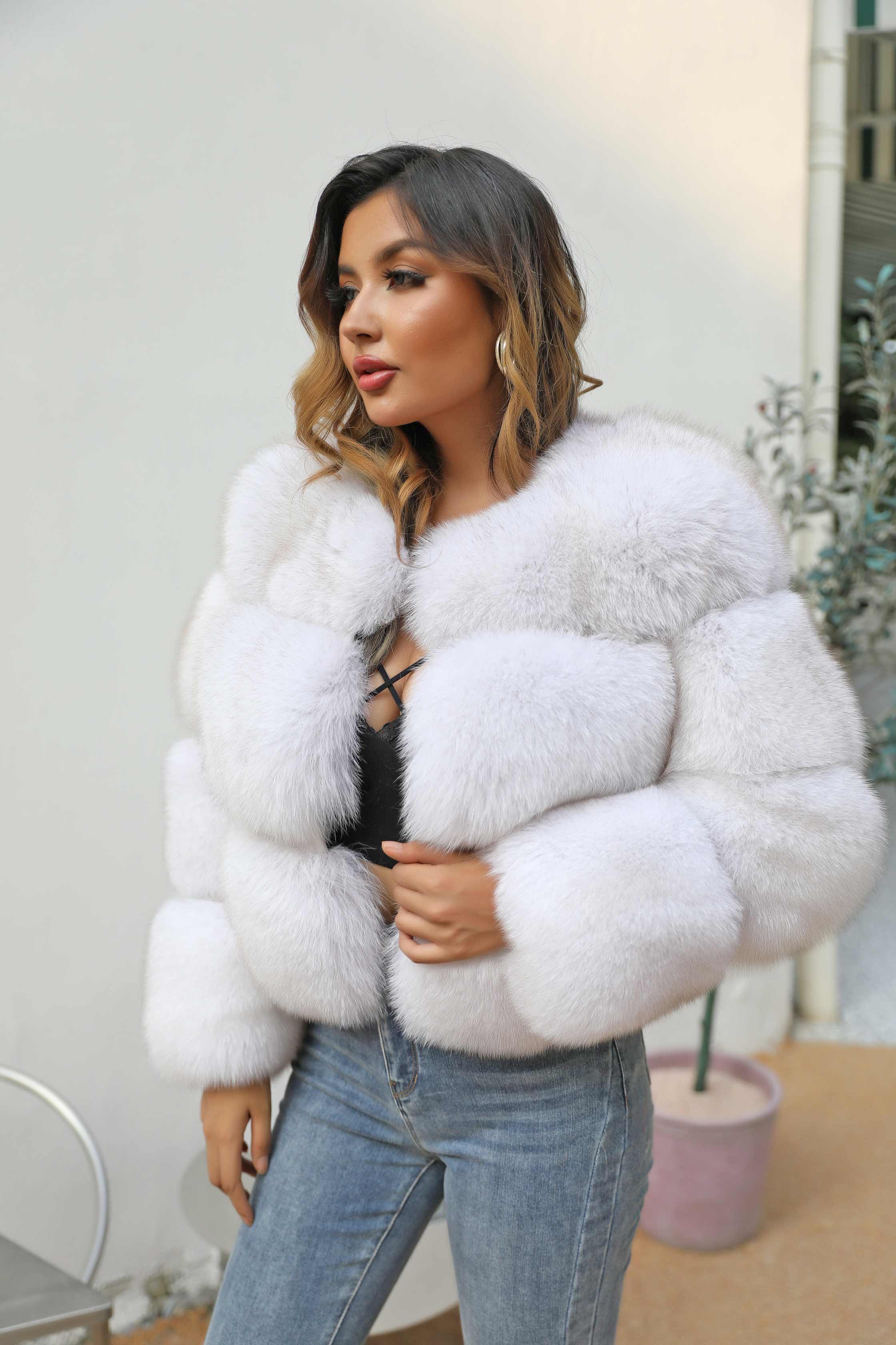 Women's Warm Round Neck Real Fur Blue Fox Short Coat In Winter - Janefur