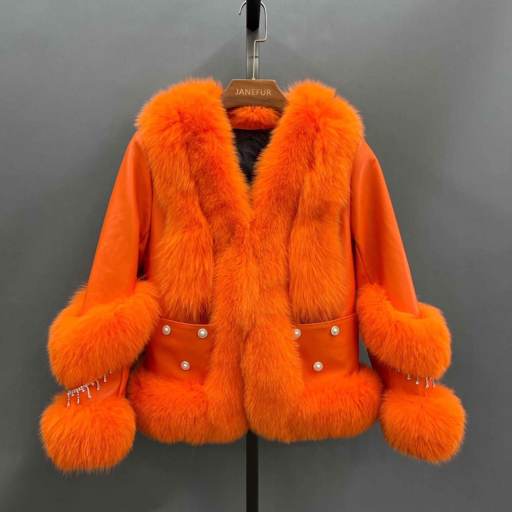 Women's Fox Fur Placket Down Jacket With Pearl Embellished Pockets - Janefur