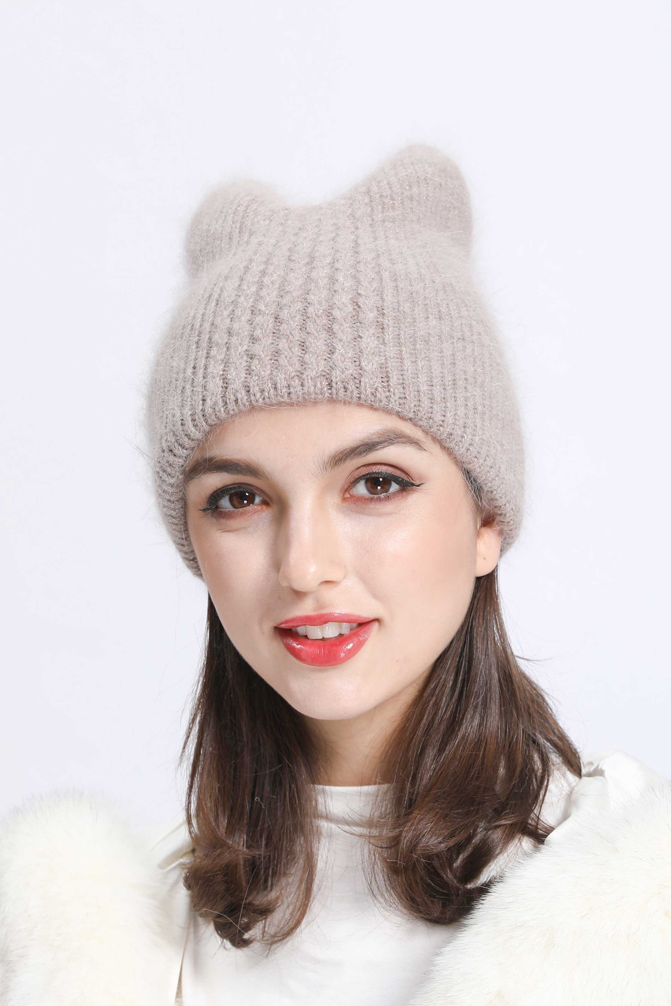 Women Cat Ears Double Layer Knitted Beanie Hat - Janefur