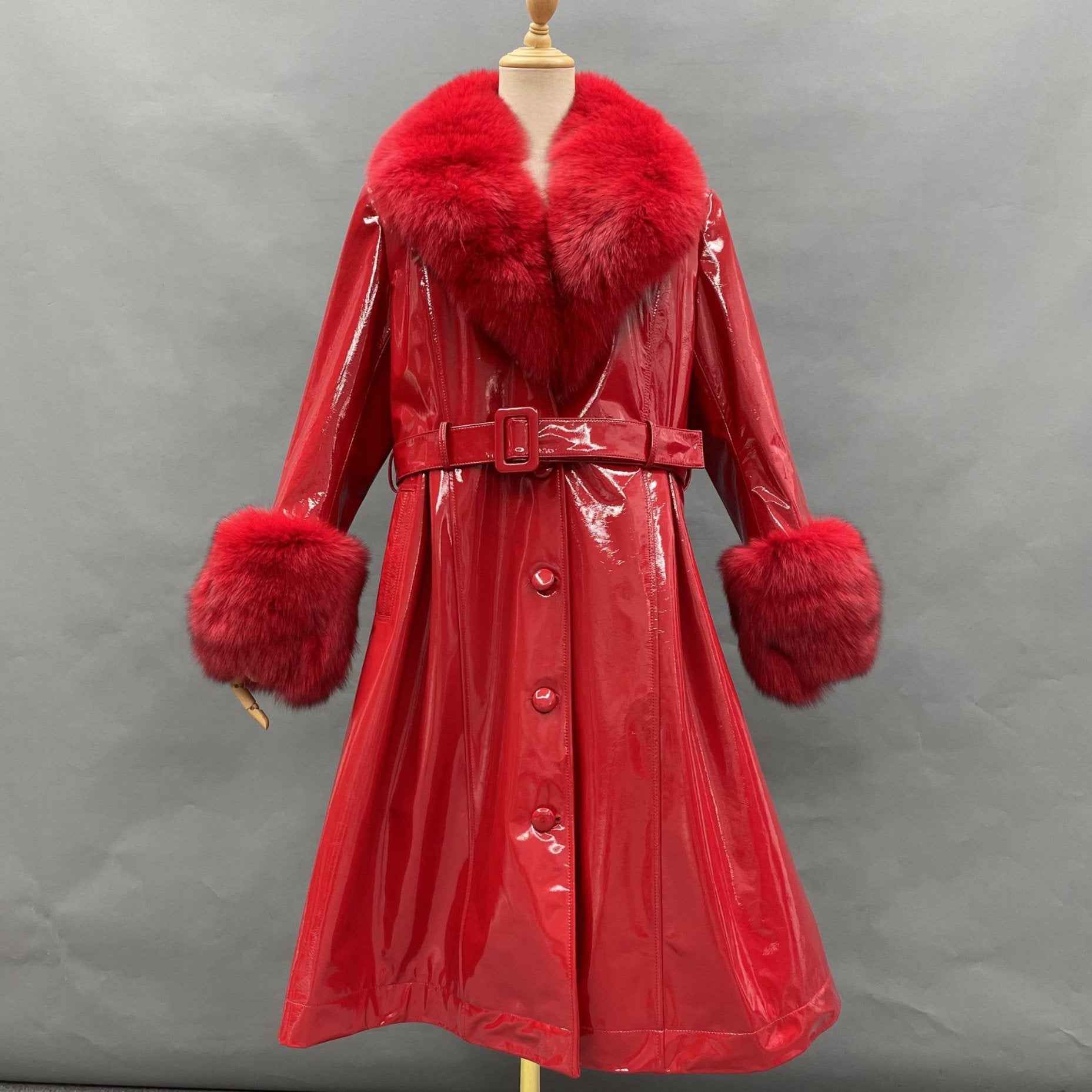 Women's Winter Large Flip Lapel Collar Fur Terry Long Shiny Leather Jacket - Janefur