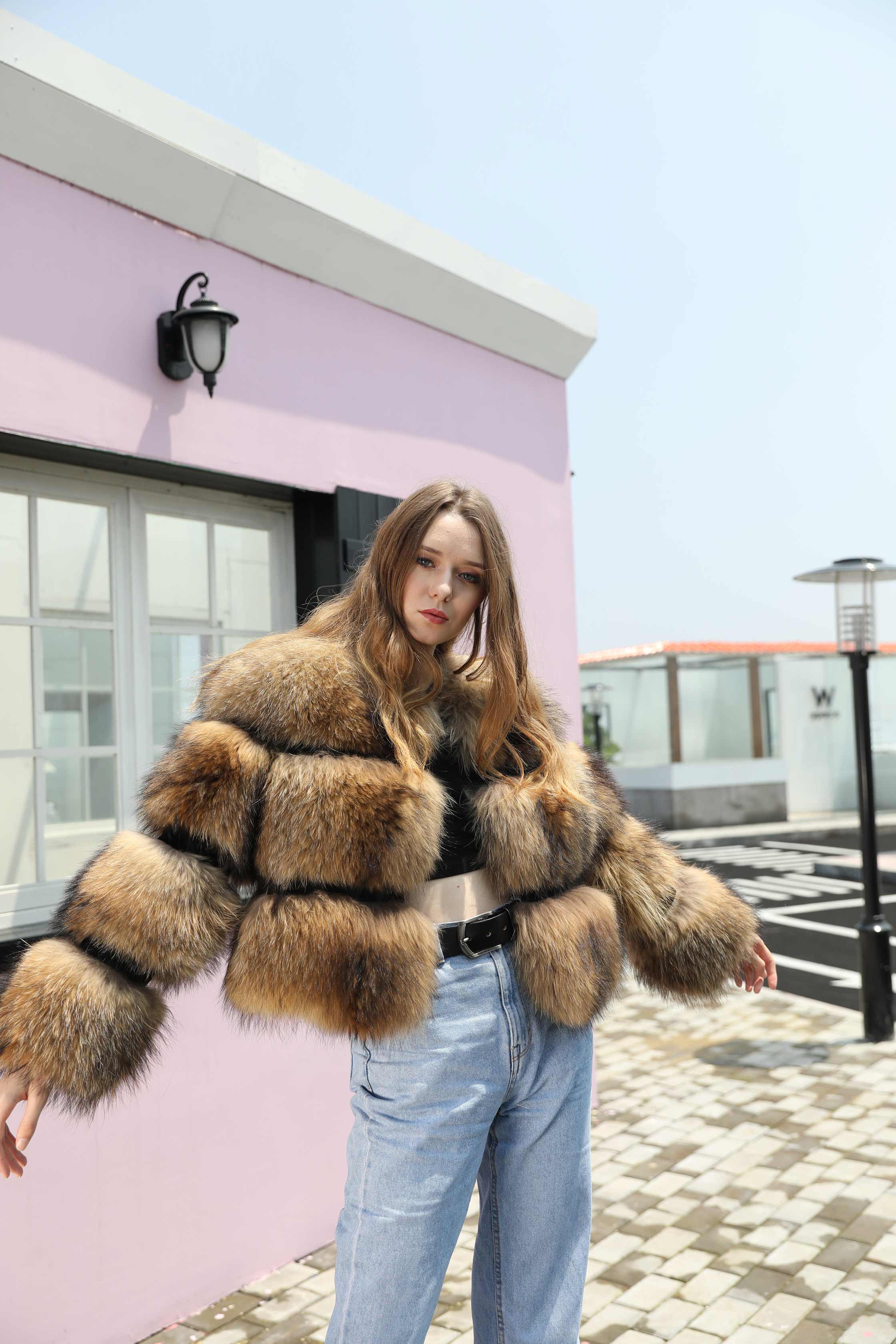 Winter Fashion Fluffy Natural Raccoon Fur Ladies Short Coat - Janefur