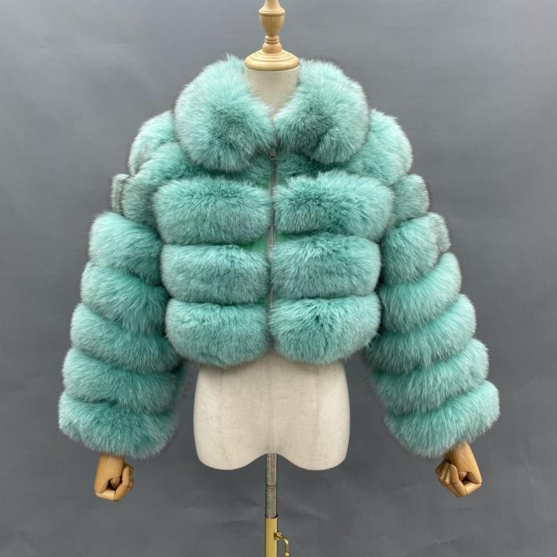 Women's Short Zip Fox Leather Jacket Square Neck Fluffy Fashion Coat - Janefur
