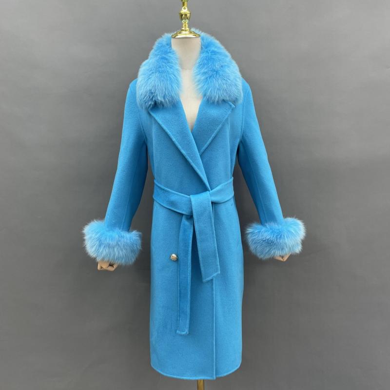 Women's Long Cashmere Coat With Fox Fur Collar And Belt - Janefur