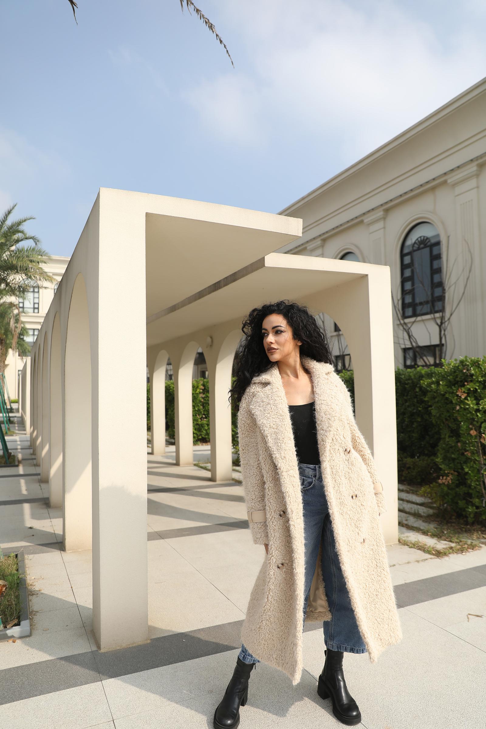 Camel Wool Jacket for Women Classic Casual Suit Collar Long Coat - Janefur