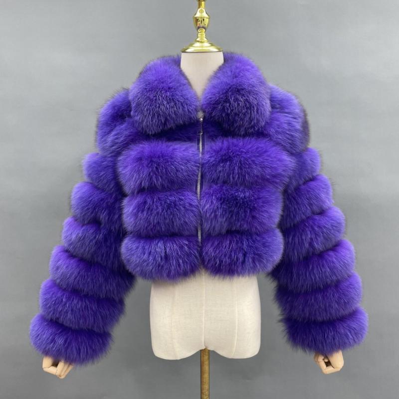 Women's Short Zip Fox Leather Jacket Square Neck Fluffy Fashion Coat - Janefur