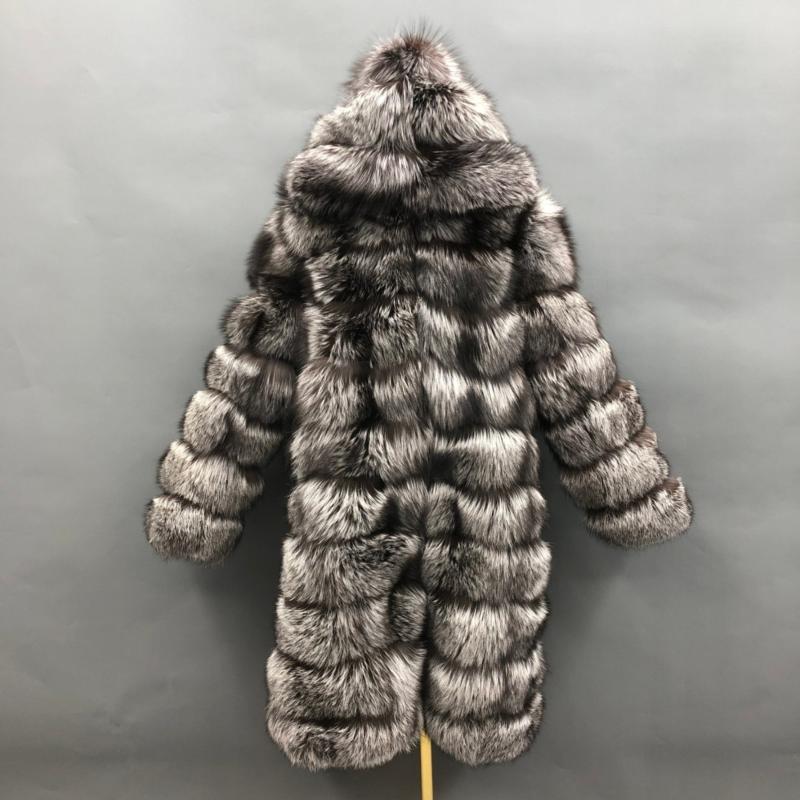 Long Blue Fox Hooded Fox Fur Coat - Janefur