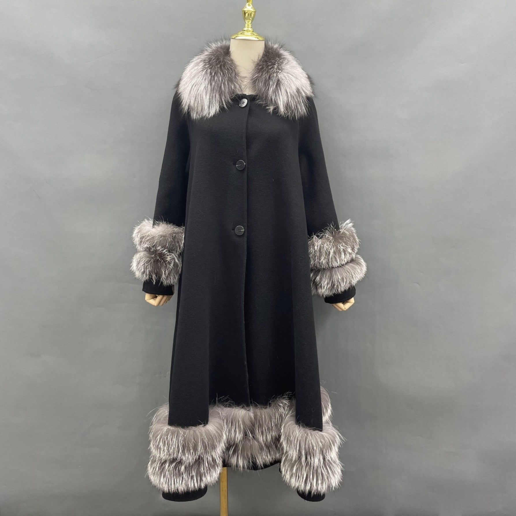 Women's Double Sided Cashmere Coat with Two Sections of Fur Collar at Hem and Cuffs - Janefur