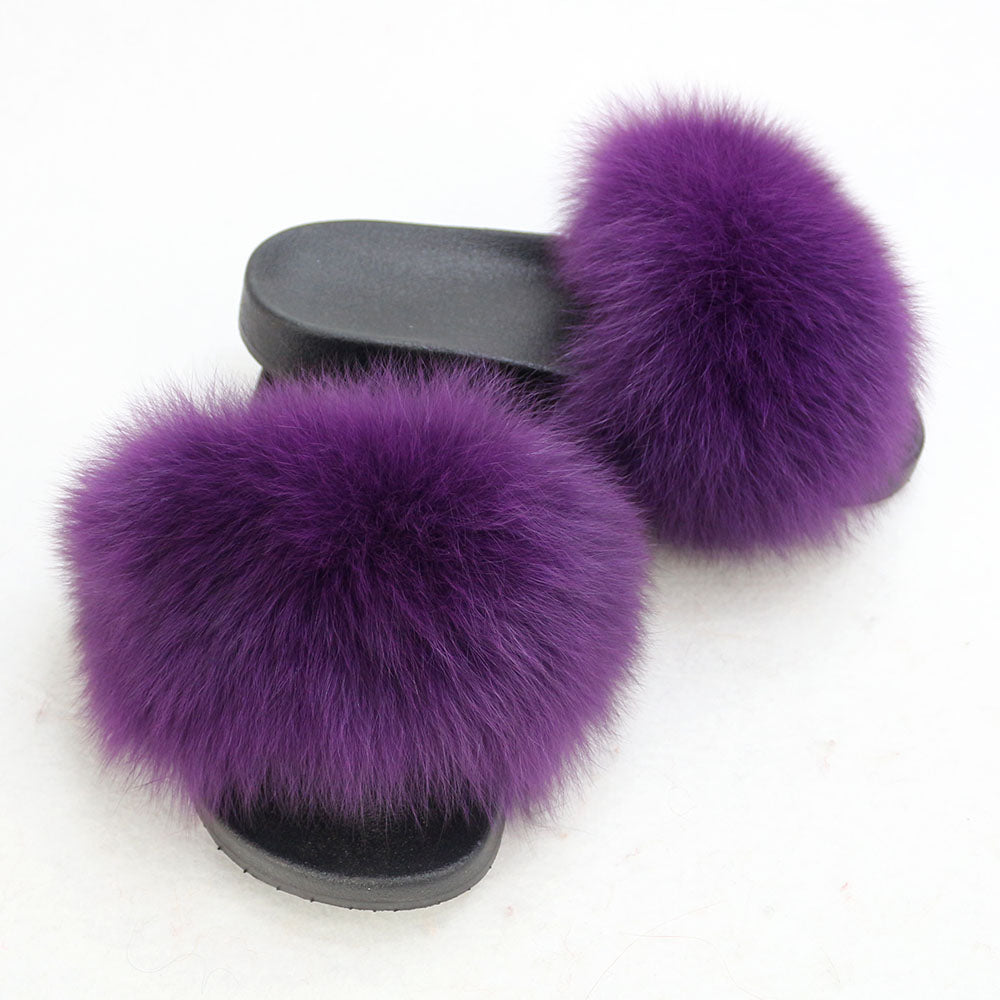 Janefur Wholesale Women's Fashion Slippers With Real Fox Fur Trim (Black, Gold, Silver Soles)