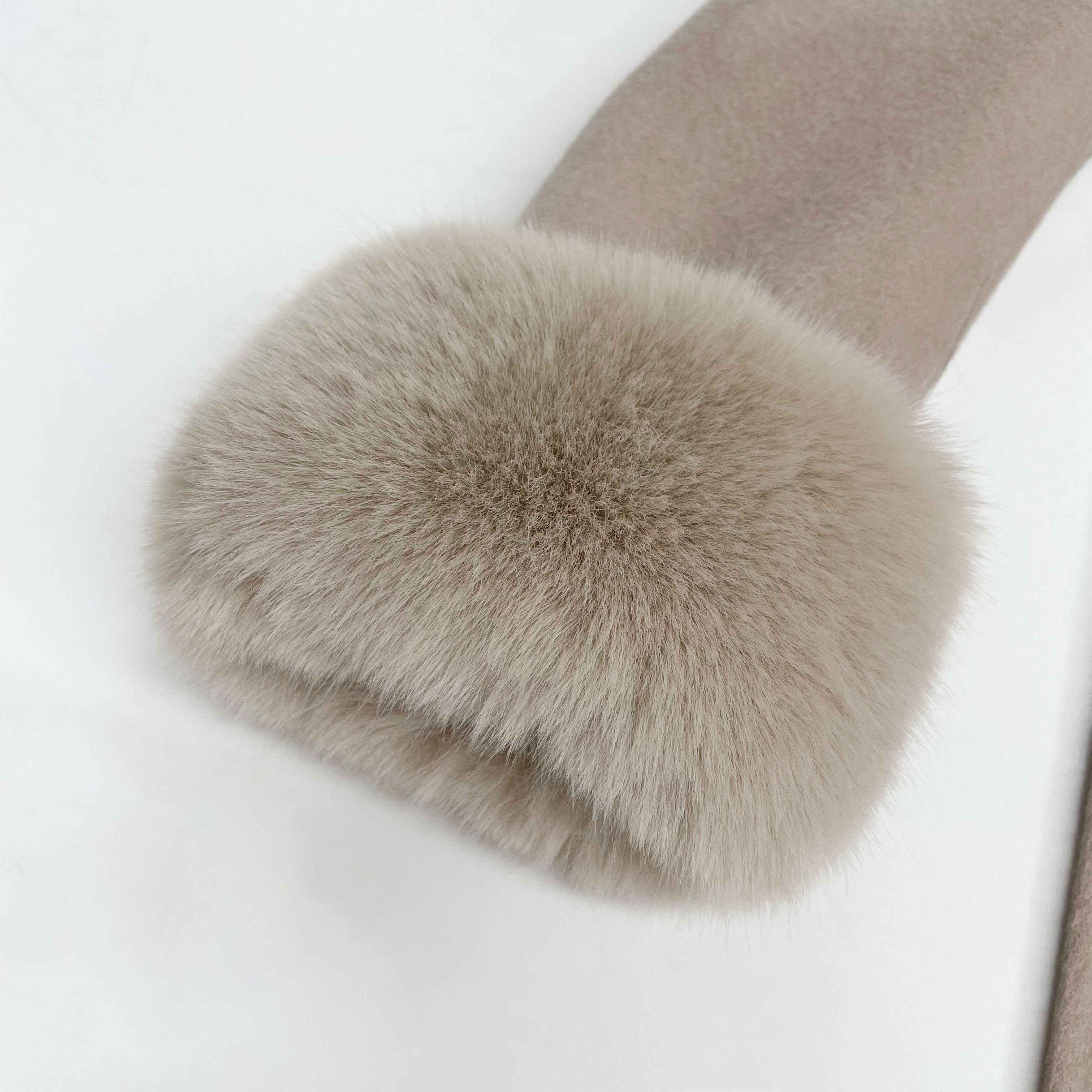 Elegant Double - Faced Wool Long Coat with Faux Fur Collar, Faux Fur Cuffs and Double - Breasted Design