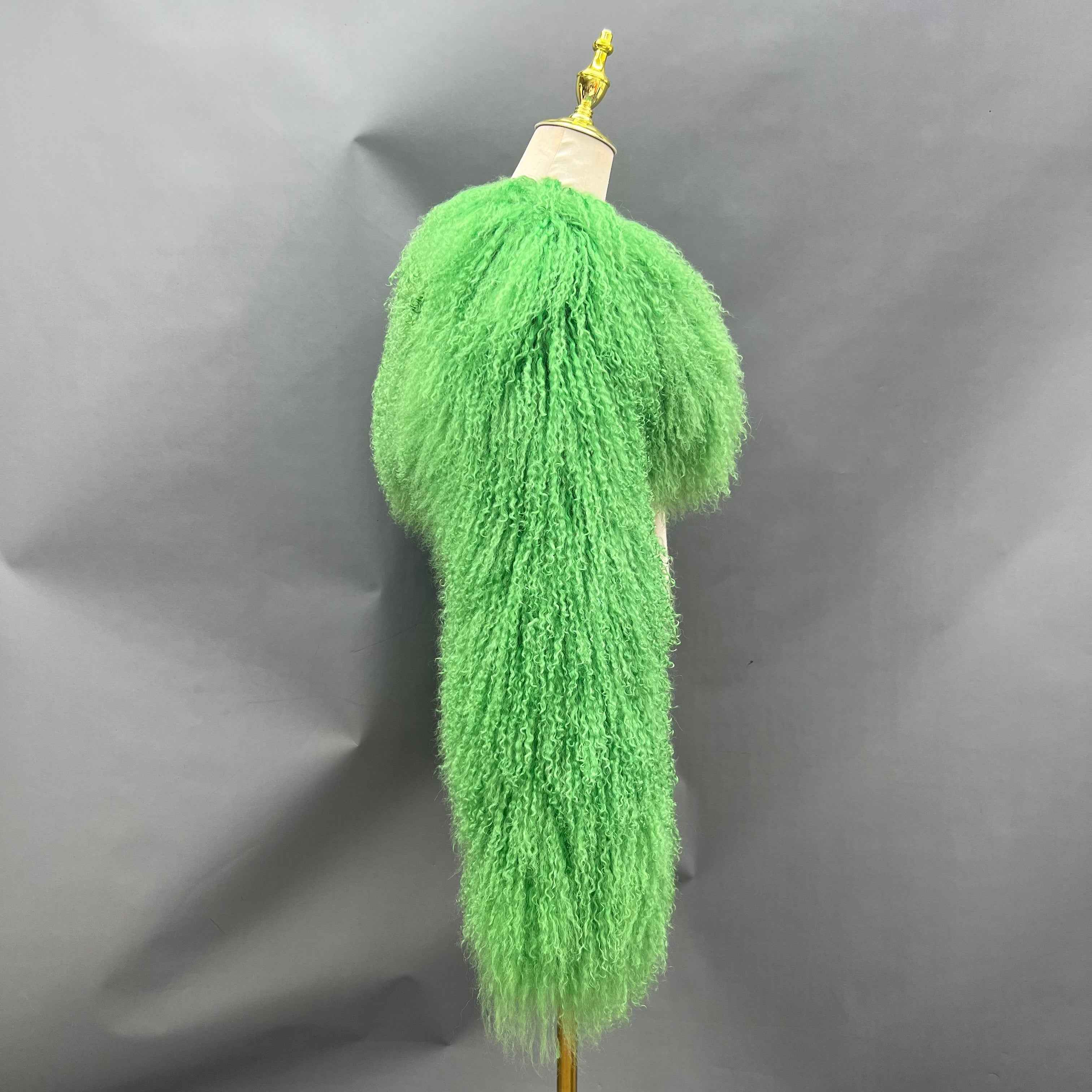 Women's Green Mongolian Lamb Fur Sleeveless Cape – Long Curly Hair, Fashionable Statement Outerwear for Women