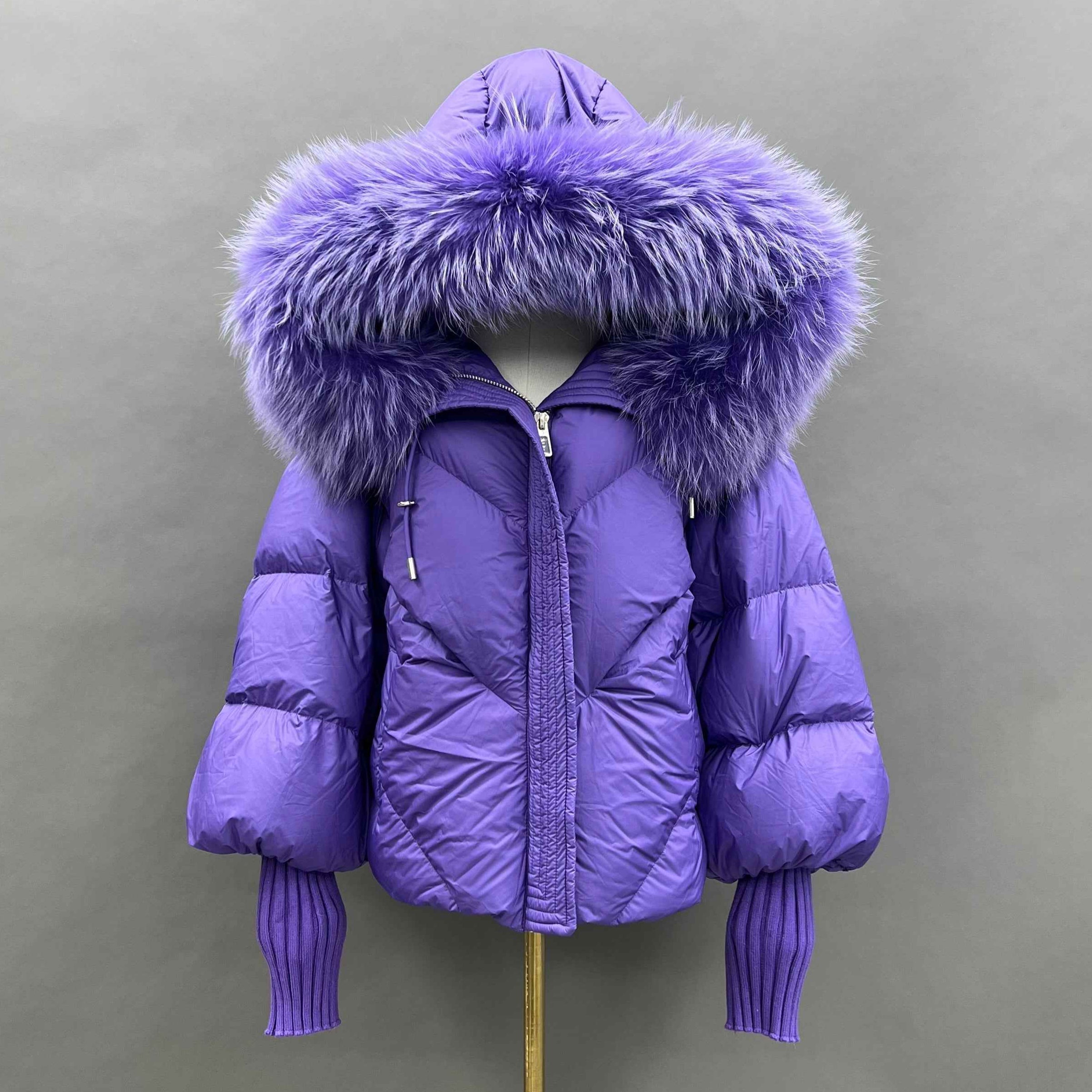 Women's Puffer Down Jacket with Raccoon Fur Trimmed Hood and Elastic - Extended Sleeves
