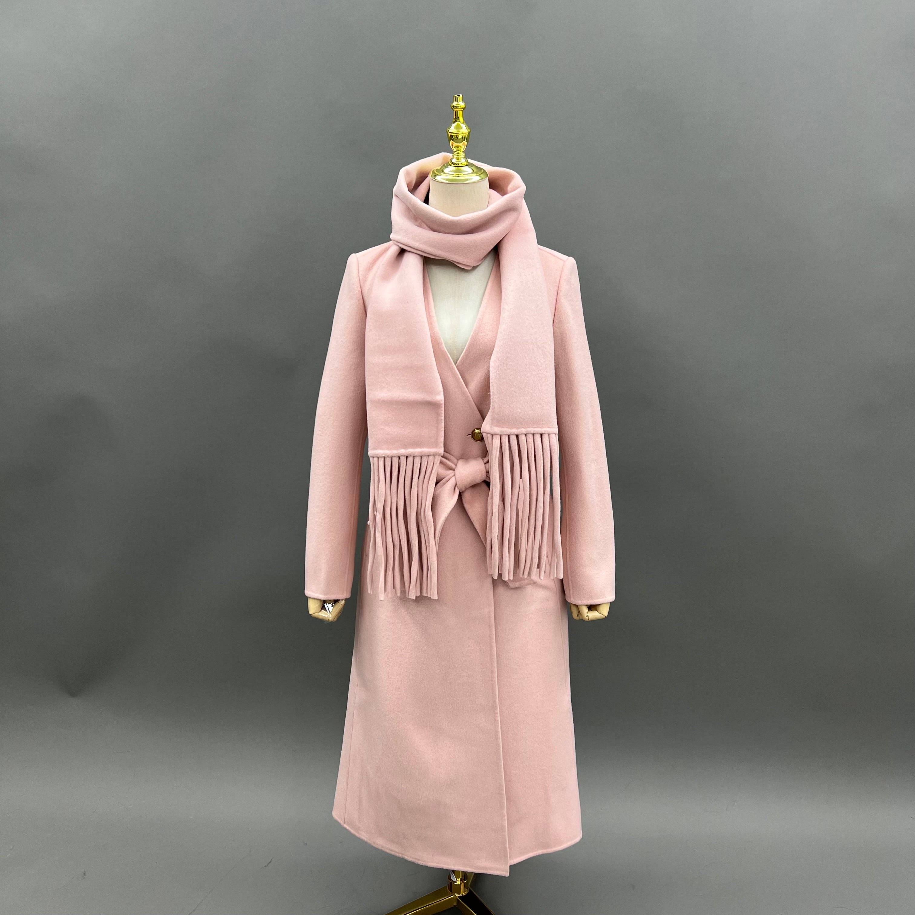 Women’s Pink Double-Faced Wool Coat with Fringed Scarf Collar – Double-Breasted Long Winter Jacket for Elegant Fashion Pink