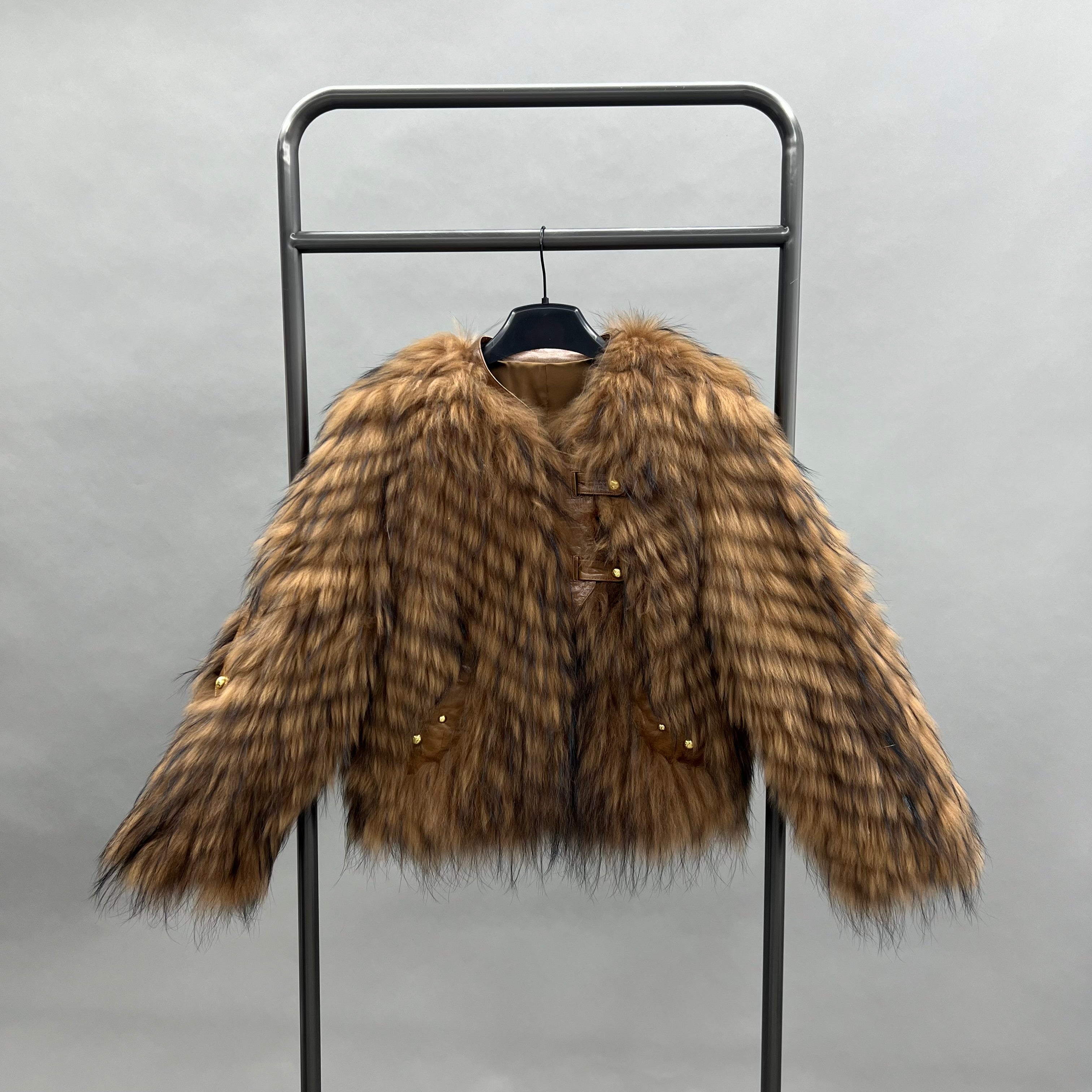Real Raccoon Fur Coat for Women – Short Length, Carved Stripe Pattern, Warm Winter Jacket