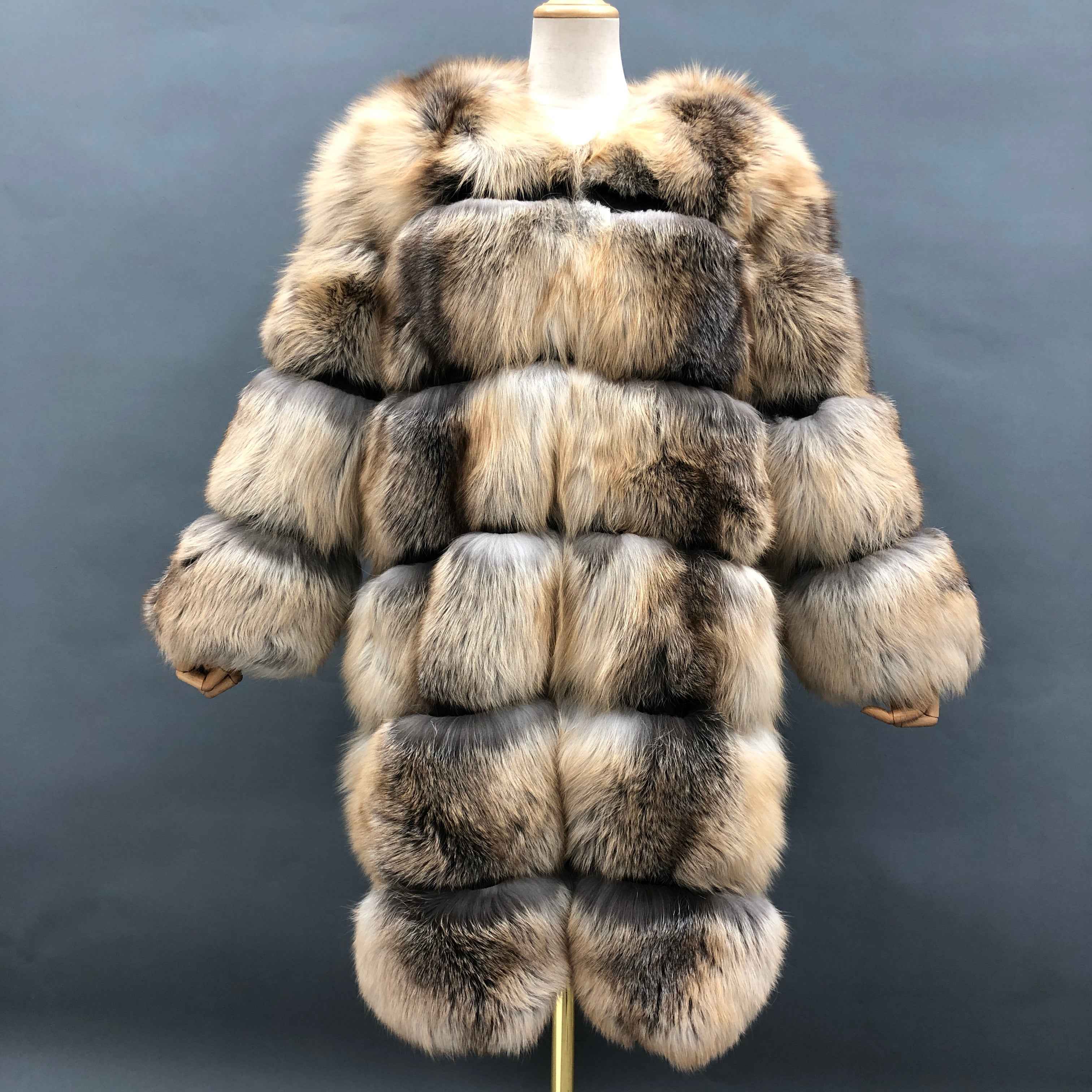 Ultra-Warm Natural Color Fox Fur Long Coat - 6-Panel Layered Design Winter Fur Jacket Animal Contact us to customize