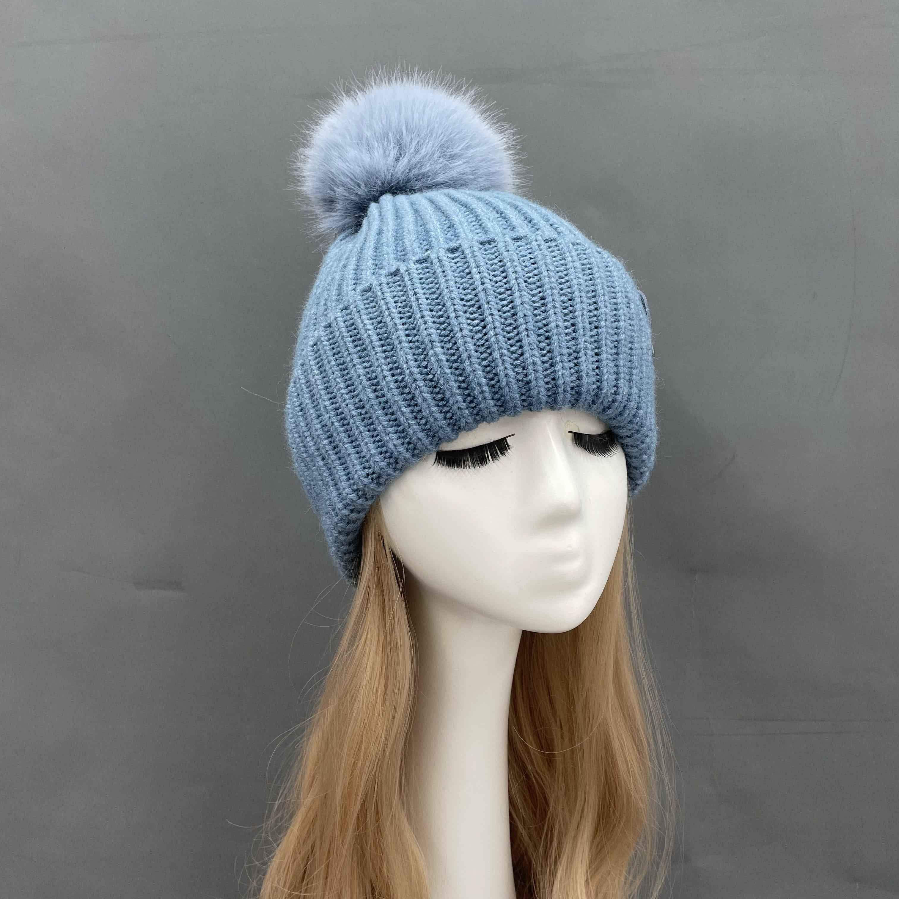 Women's Orange Knit Beanie Hat with Fur Pom-Pom & Leather Patch – Warm Winter Hat for Women, Fashionable & Cozy 3#Sky Blue a20 b32-66