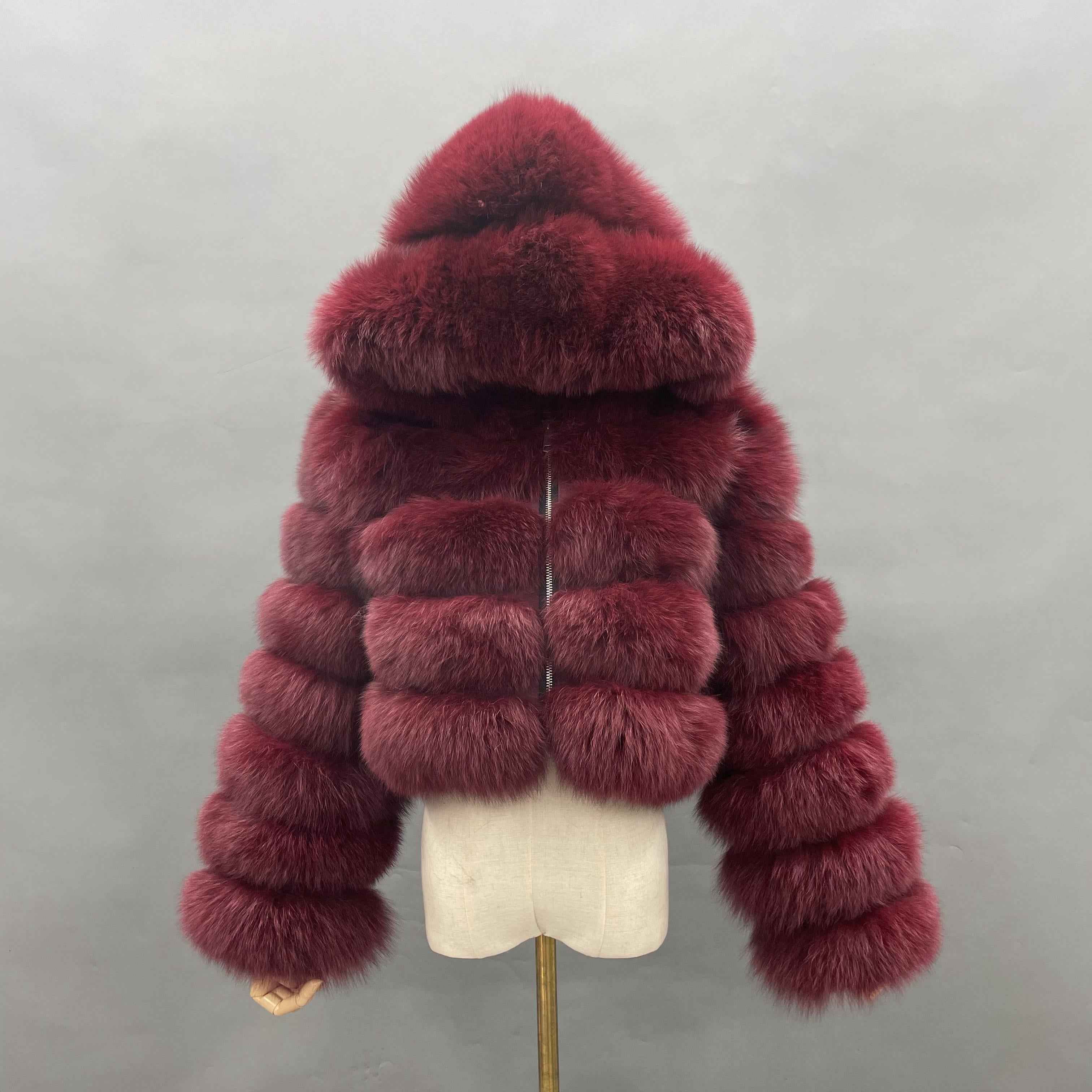 Women's Premium Fox Fur Cropped Hooded Jacket - 3-Panel Body & 6-Panel Sleeves with Zipper Closure Winter Fashion Warm Coat Wine
