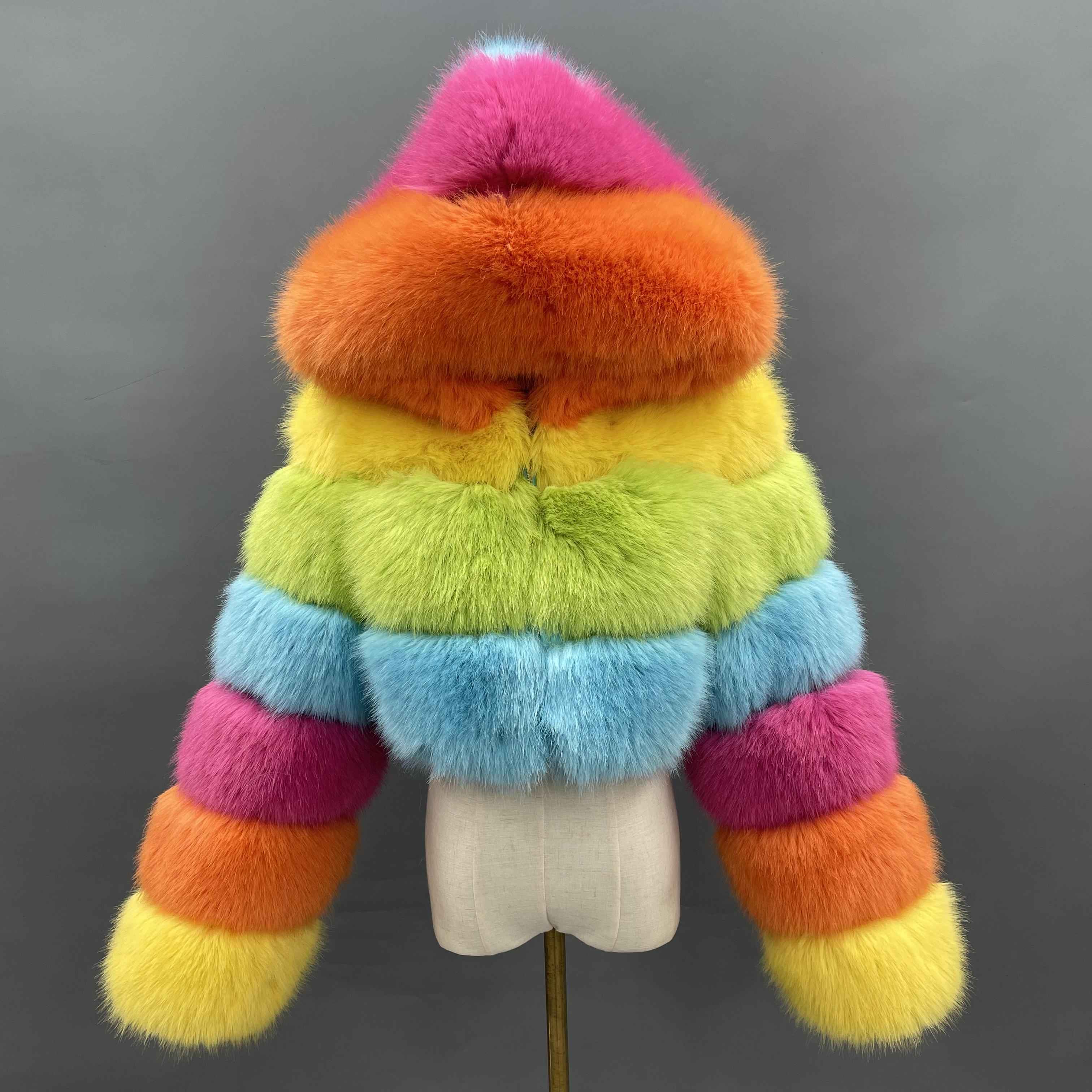 Three - Panel Faux Fur Cropped Hooded Coat
