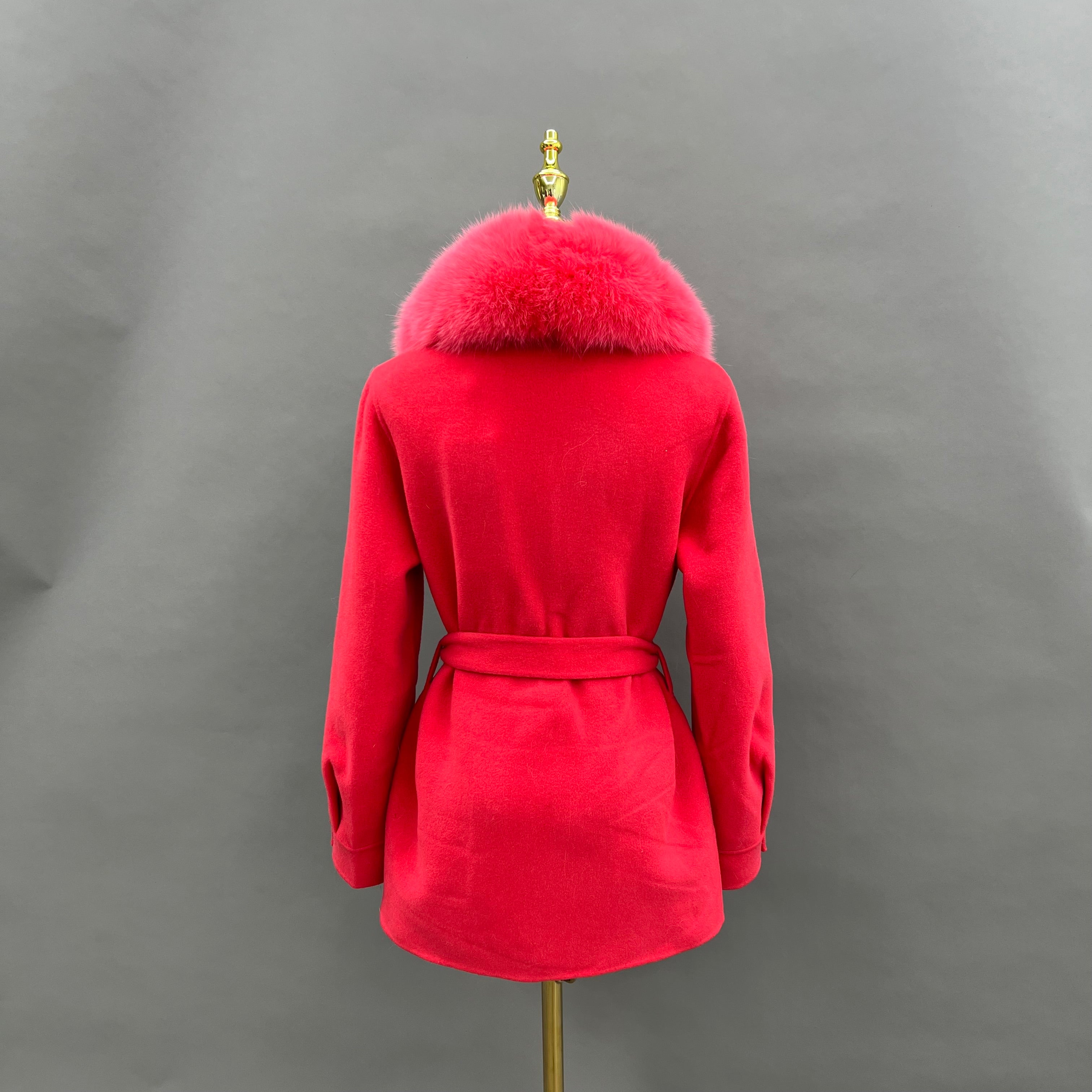 Women’s Red Wool Coat with Real Fox Fur Collar – Belted Mid-Length Winter Jacket for Elegant Fashion