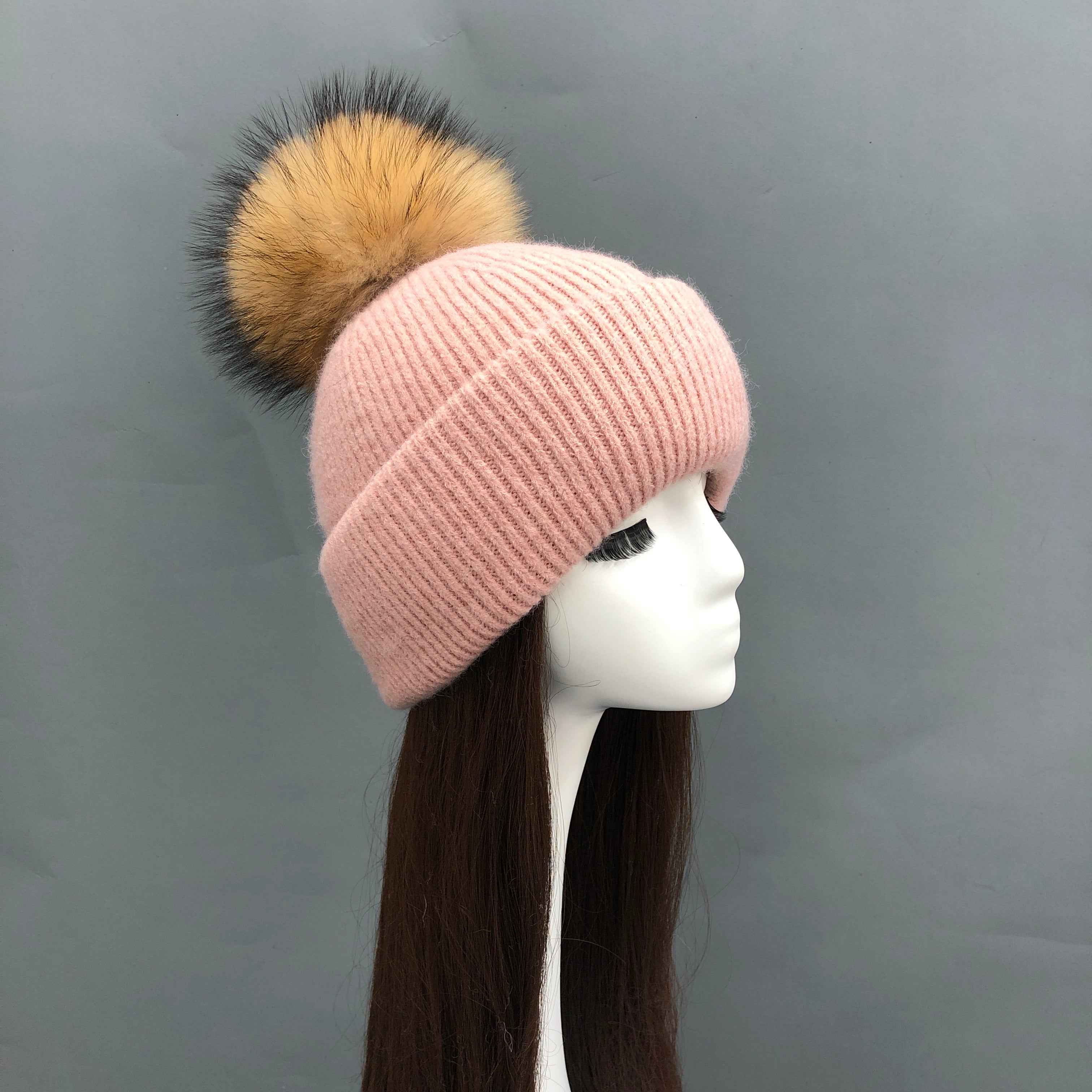 Wholesale Fine Ribbed Rabbit Fur Knit Beanie – Raccoon Fur Pompom Top, Warm Winter Hat for Women, Premium Quality in Bulk 3#Pink Adult