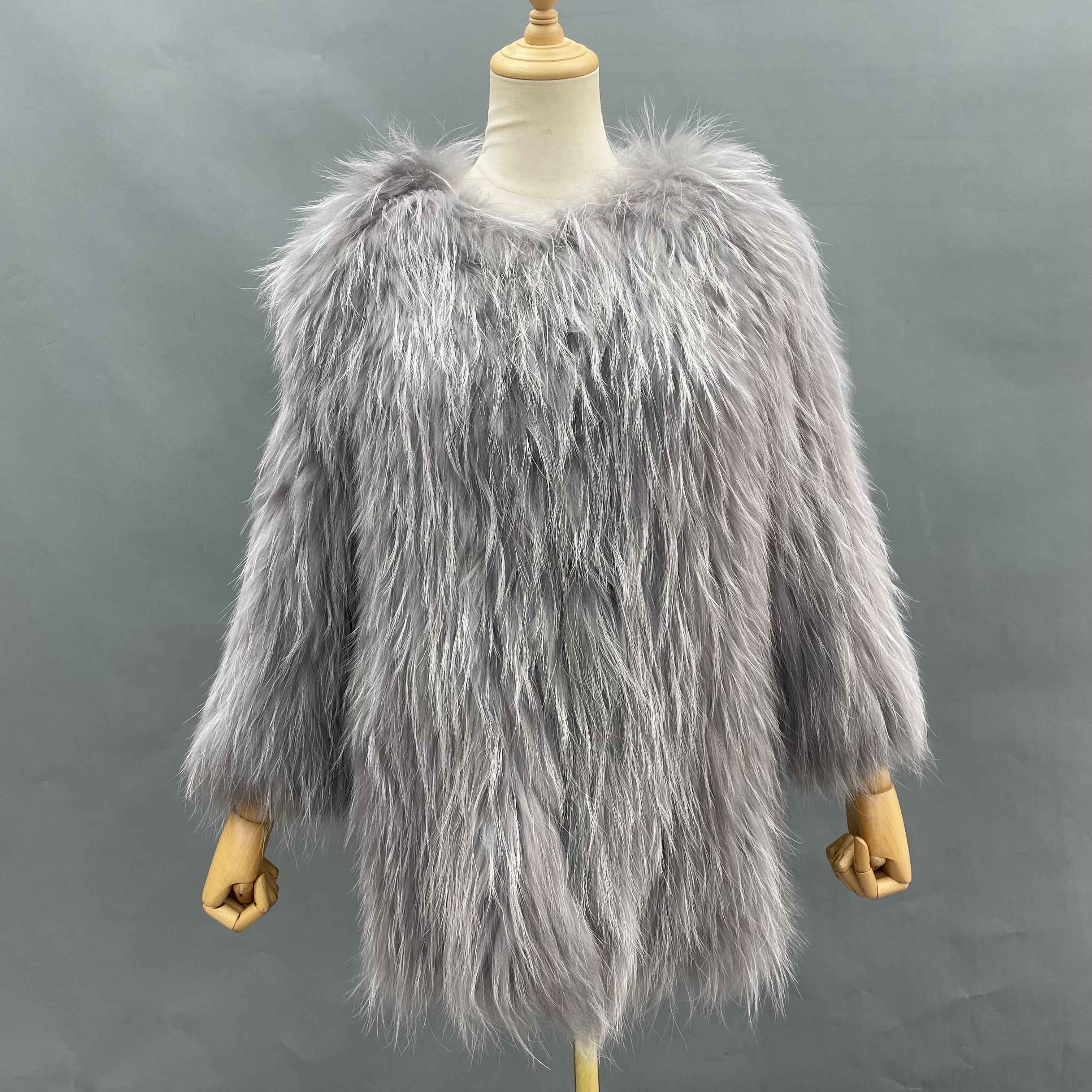 Women's Knitted Raccoon Dog Fur Mid-Length Coat with Crew Neck - Luxurious Winter Outerwear