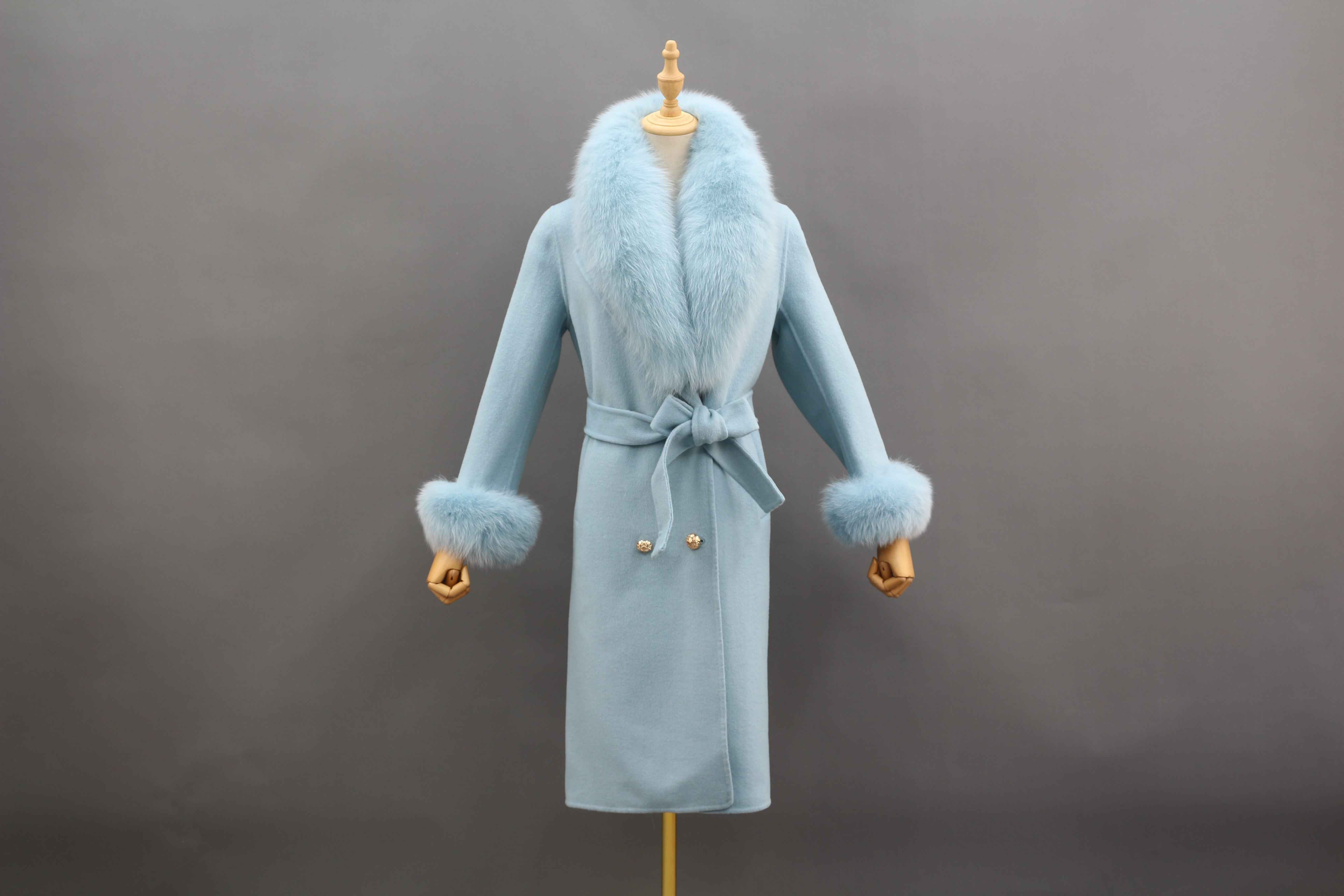 Luxurious Double - Faced Wool Long Coat with Large Fox Fur Collar, Fur Cuffs and Tie Waist