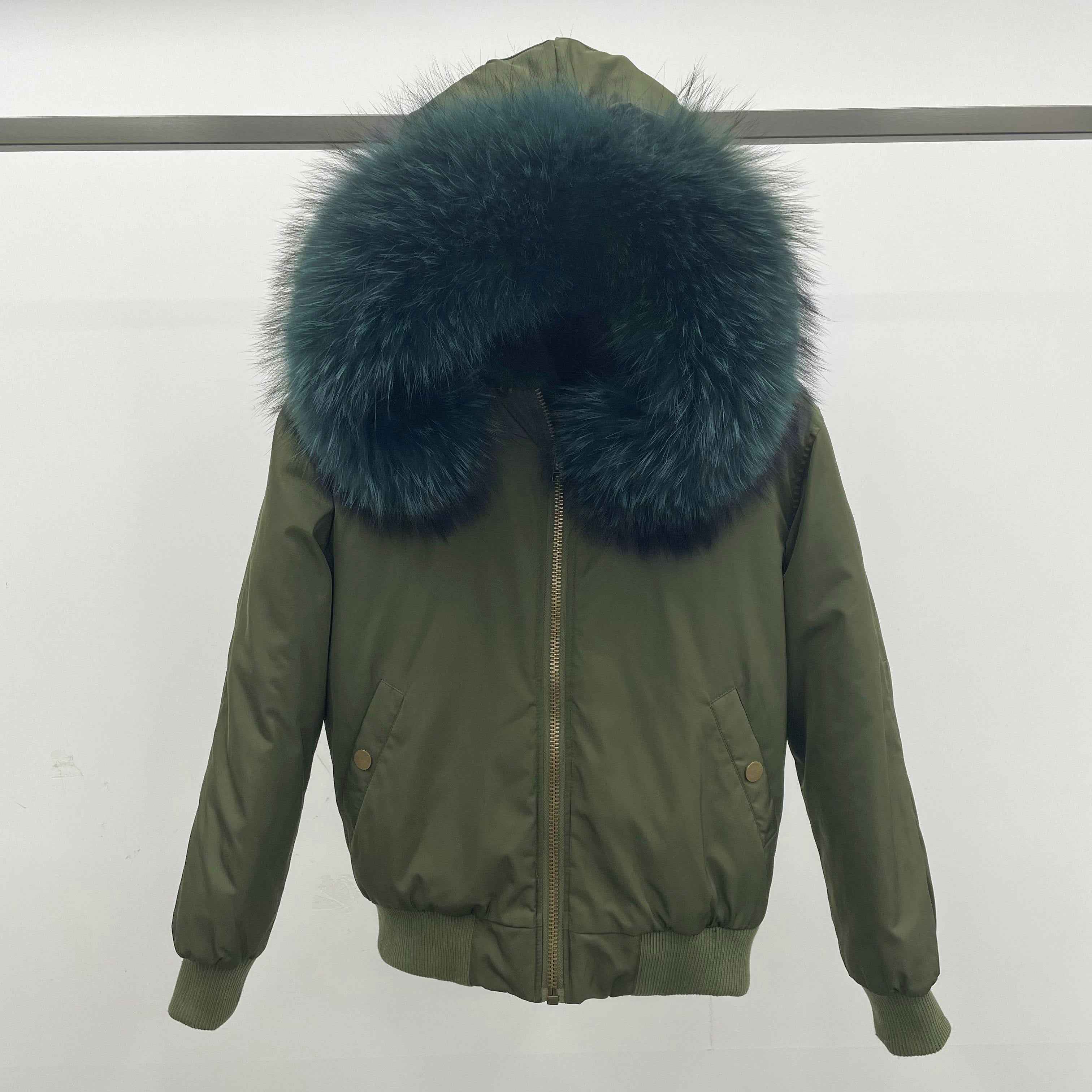 Women's Bomber Jacket with Raccoon Fur Collar – Winter Flight Jacket, Faux Fur Trim Aviator Coat for Cold Weather 5#Green