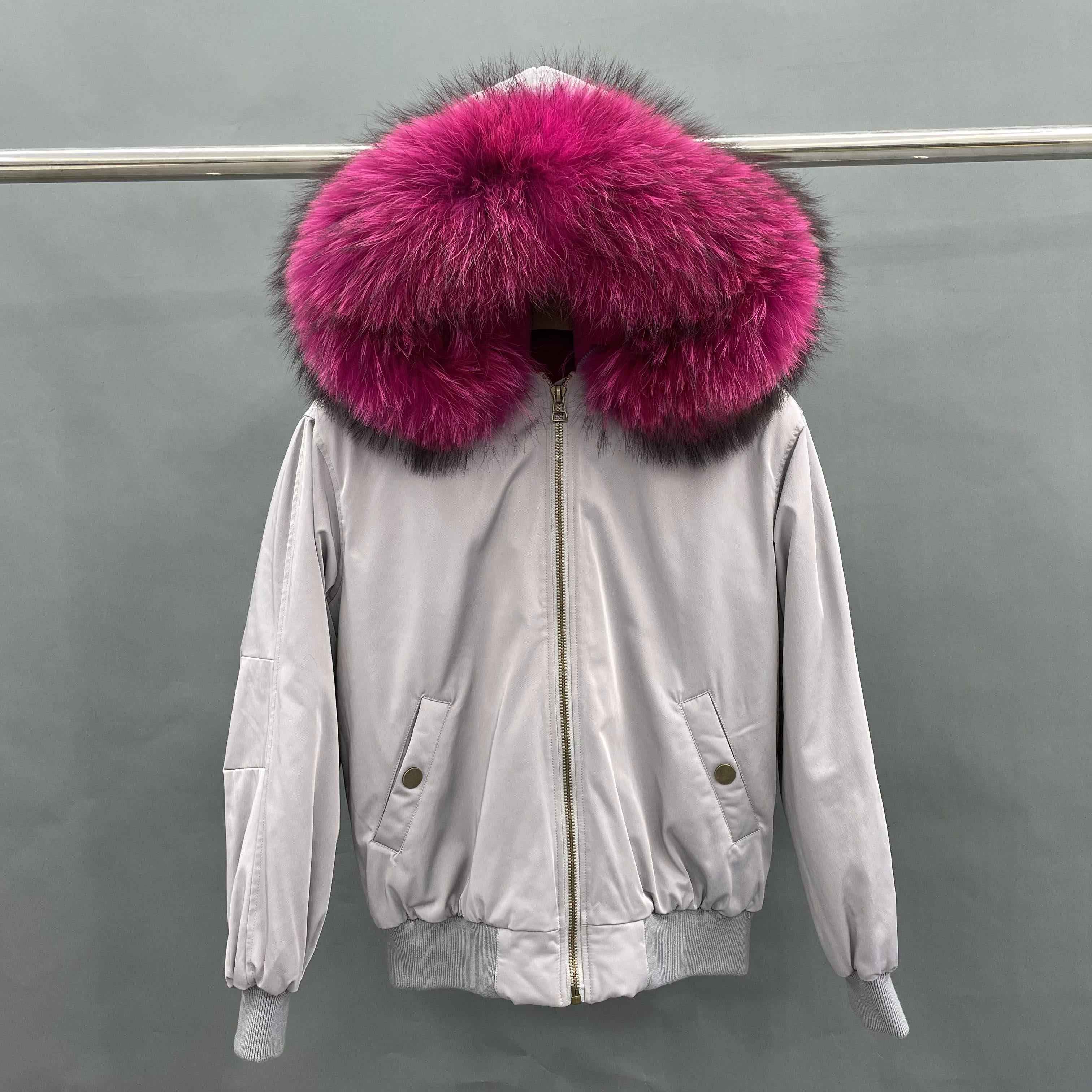 Women's Bomber Jacket with Raccoon Fur Collar – Winter Flight Jacket, Faux Fur Trim Aviator Coat for Cold Weather 8#Grey