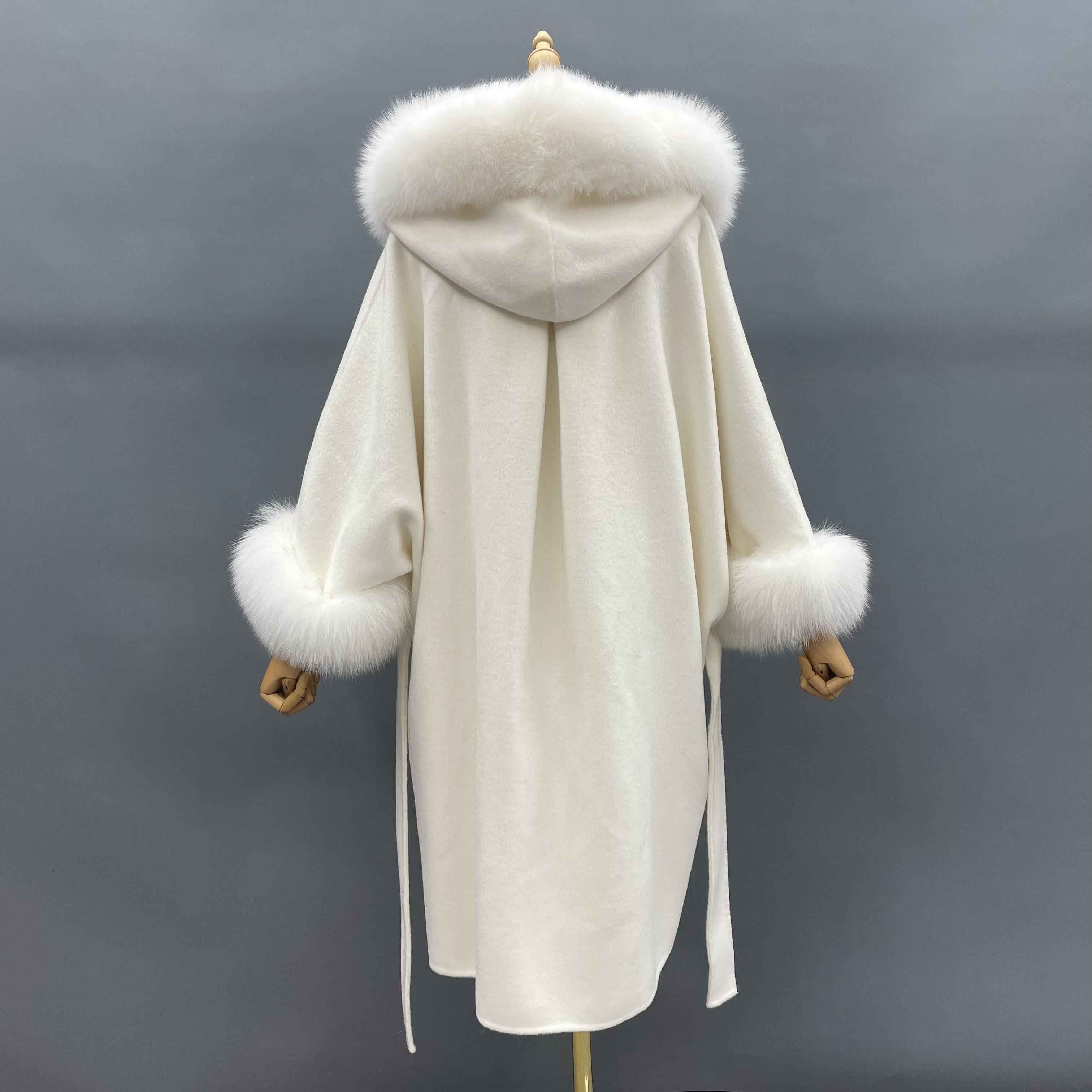 Asymmetrical Double-Faced Wool Coat with Fox Fur Trim Hood and Cuffed Sleeves – High Low Hem Luxury Overcoat