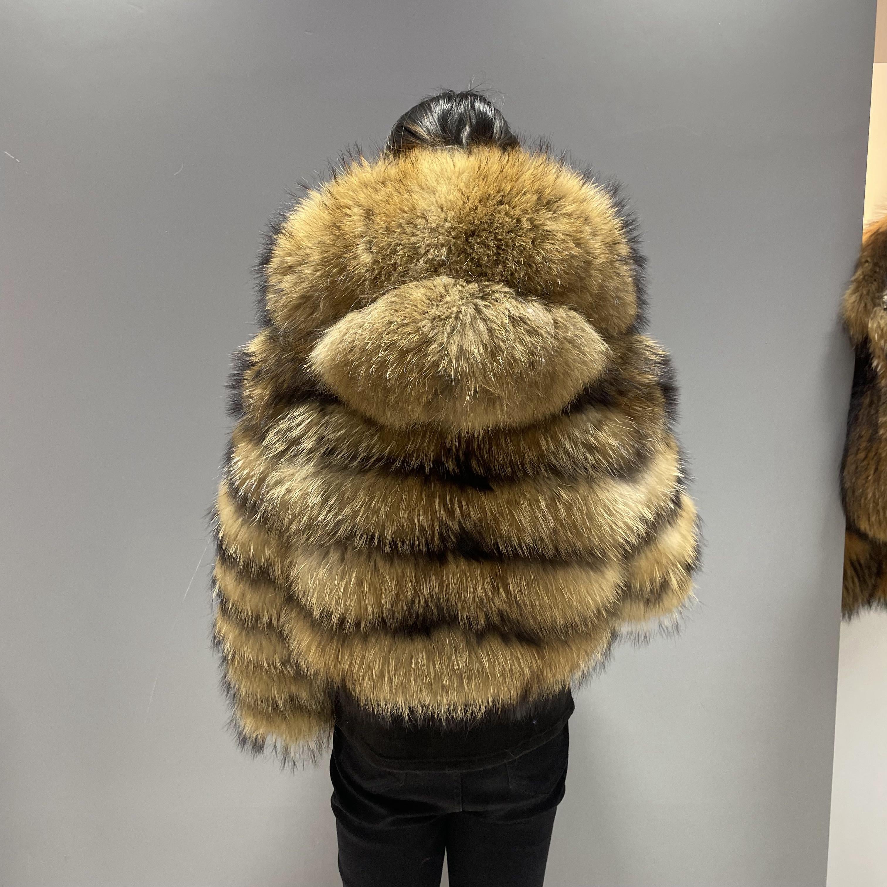 Women's Short Raccoon Fur Jacket with Hood and Zipper – 5-Section Real Fur Coat for Winter