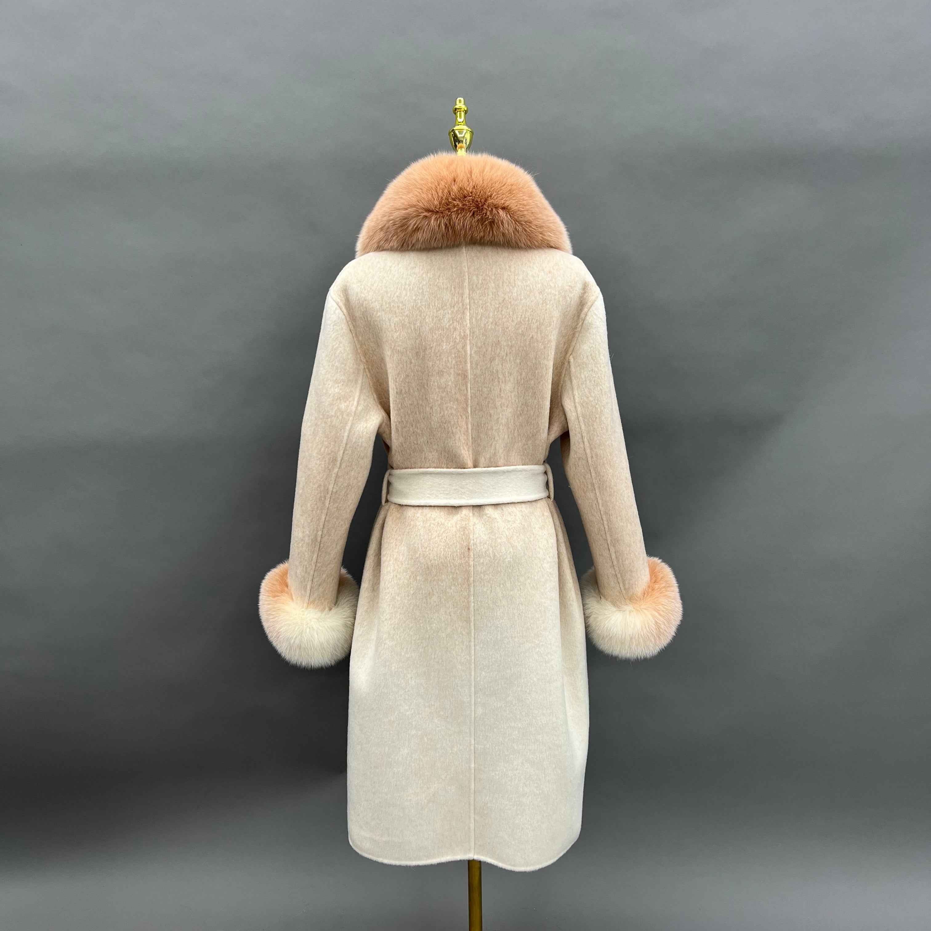 Cashmere Double Faced Coat with Fox Fur Collar & Cuffs, Tie Belt and Delicate Collar Design