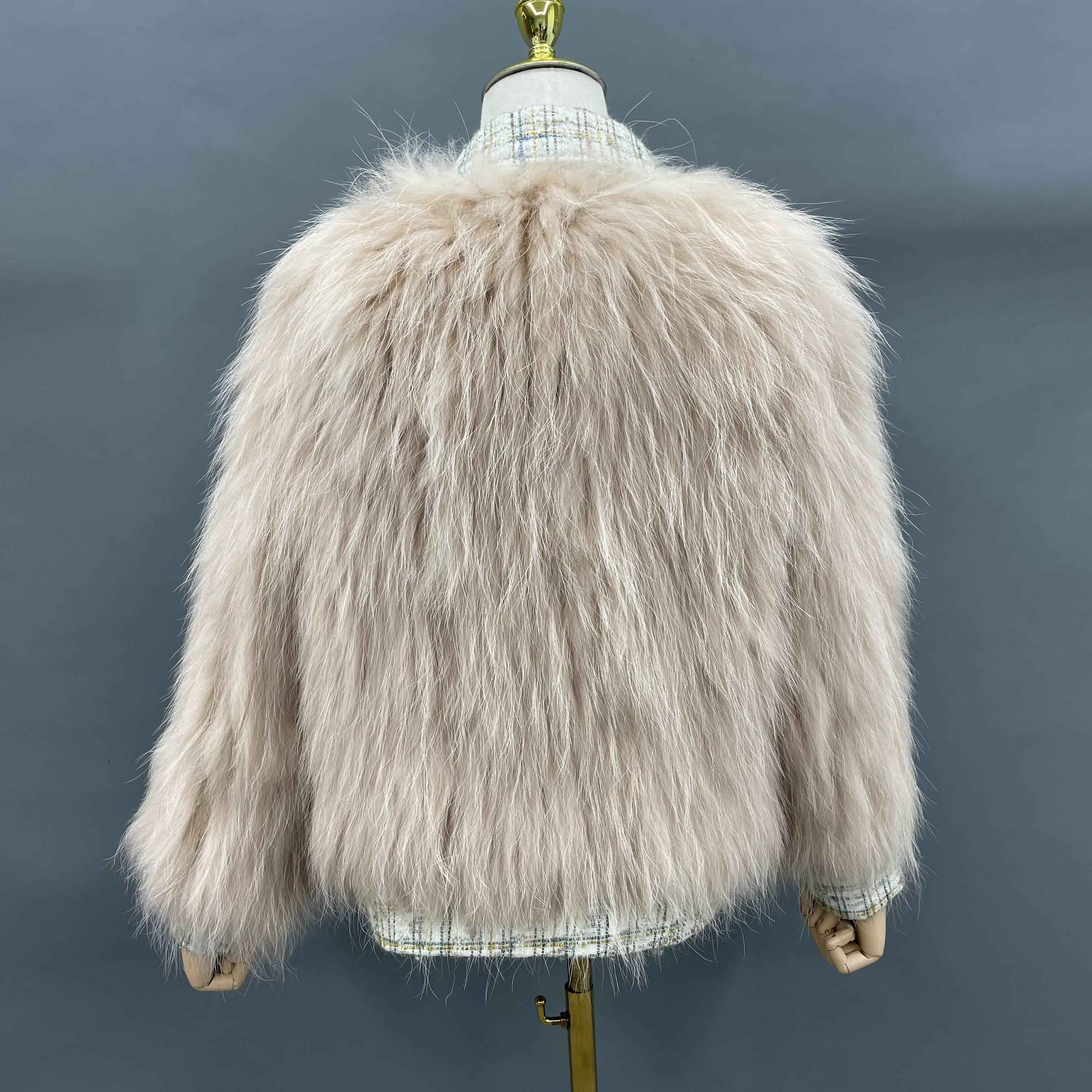 Women's Luxurious Raccoon Dog Fur Jacket with Chanel-Style Tweed & Notched Lapel - Knitted Winter Outerwear